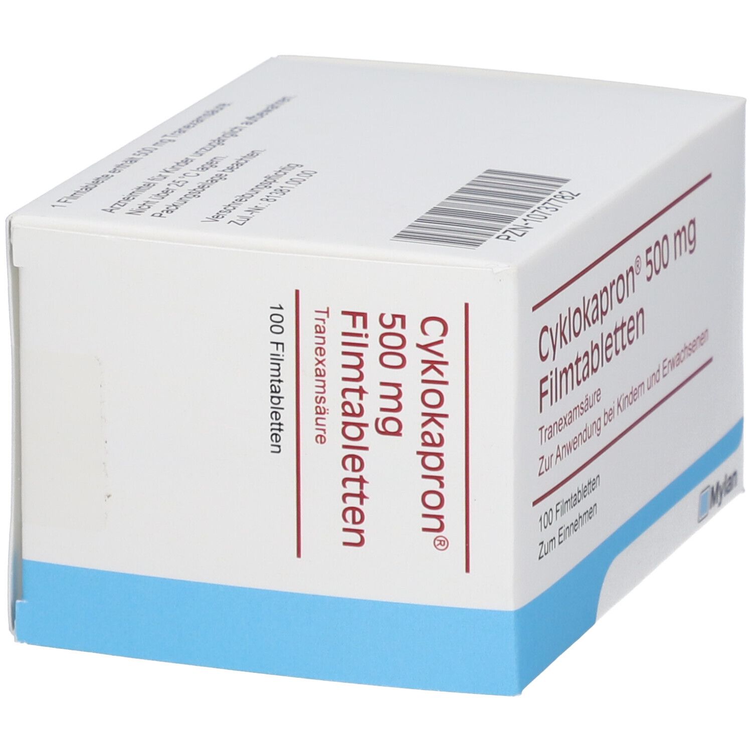 Weiße Schachtel mit roter Schrift. Aufschrift: Cyklokapron 500 mg Filmtabletten, Tranexamsäure. 100 Filmtabletten. Mylan Logo. Blaue Basis.