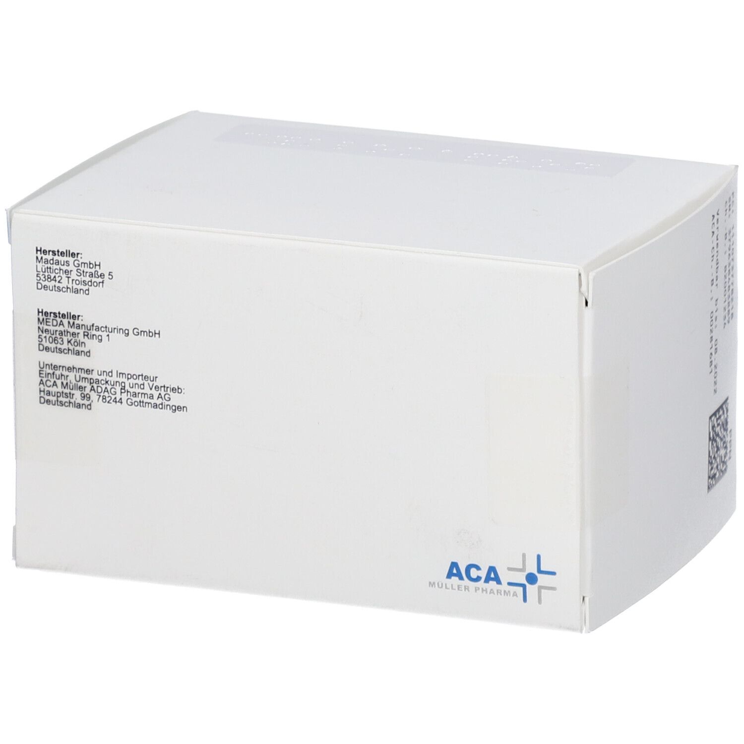 Weiße Schachtel mit Herstellerinformationen. ACA Müller Pharma Logo. Text: Hersteller, Importeur, Adresse. Barcode und QR-Code.