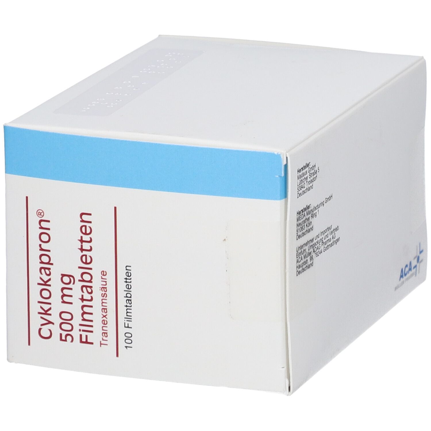 Weiße Schachtel mit roter Schrift. Aufschrift: Cyklokapron 500 mg Filmtabletten, Tranexamsäure. 100 Filmtabletten. ACA Müller Pharma Logo. Blaue Basis.