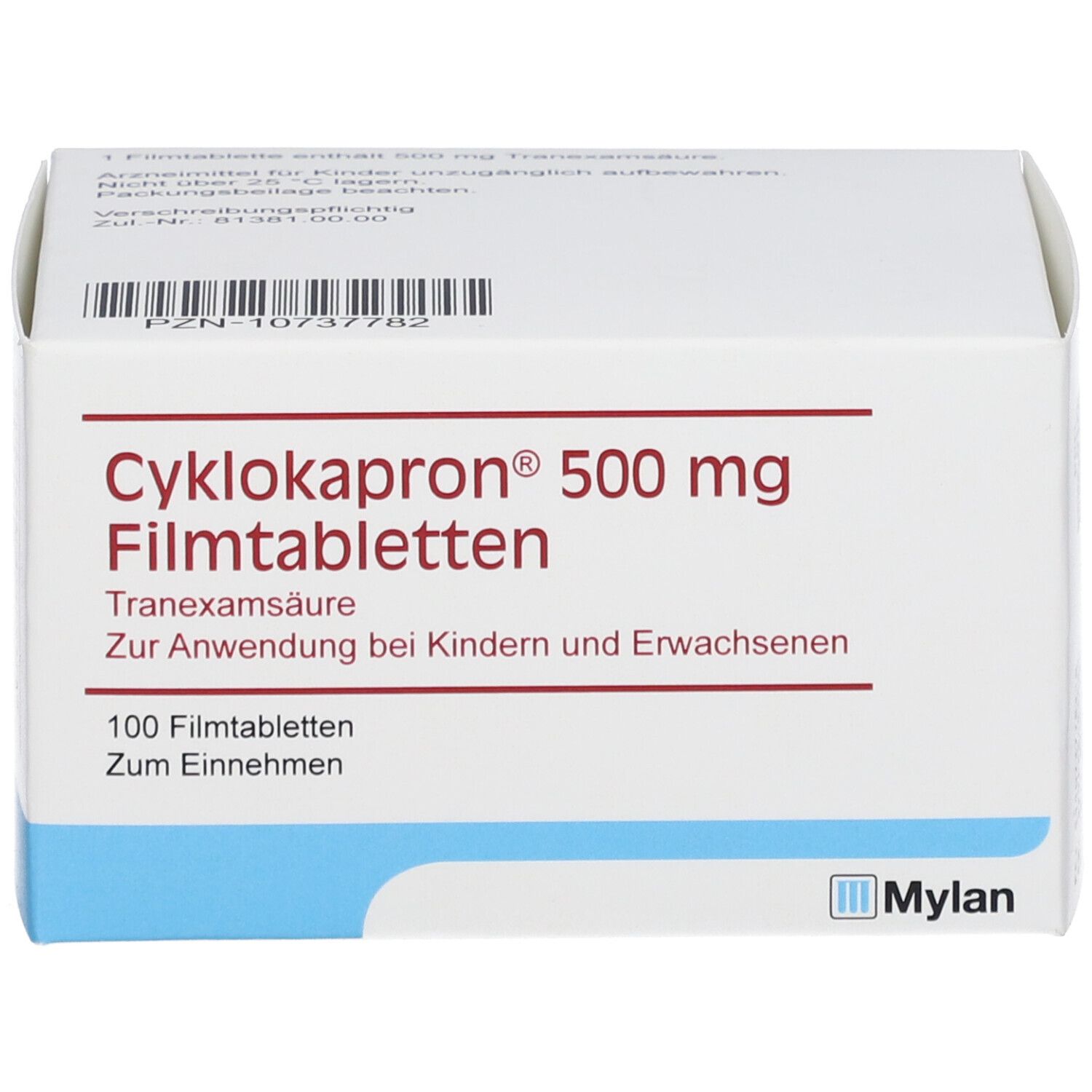 Weiße Schachtel mit roter Schrift. Aufschrift: Cyklokapron 500 mg Filmtabletten, Tranexamsäure. 100 Filmtabletten. Mylan Logo.