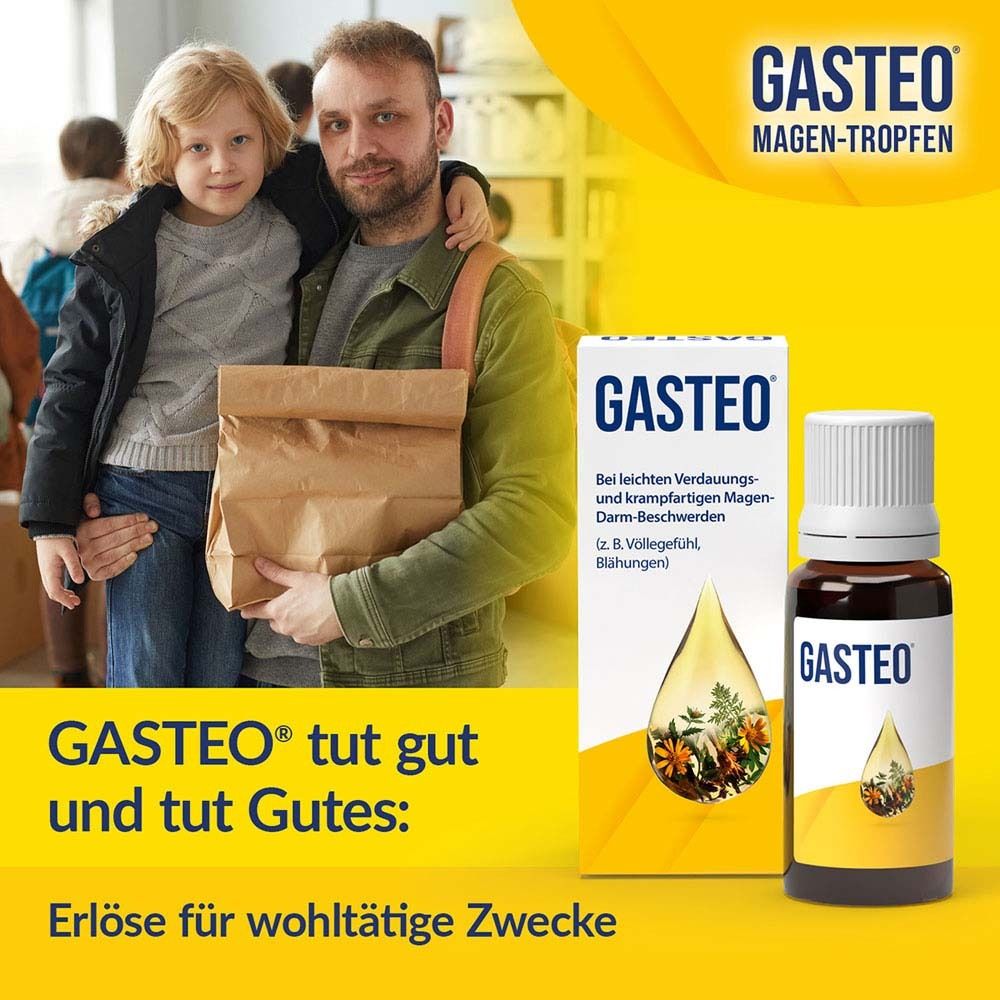 Mann mit Kind und Flasche/Schachtel GASTEO®. Text: GASTEO® tut gut und tut Gutes.