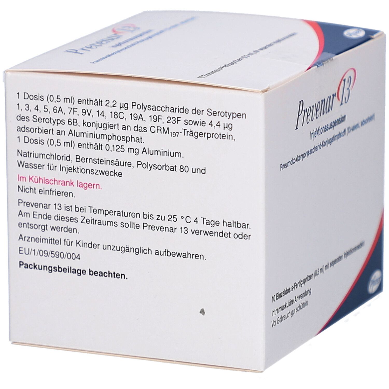 Rückseite der Prevenar 13-Faltschachtel. Enthält Informationen zu Inhaltsstoffen und Lagerung. Text in deutscher Sprache.