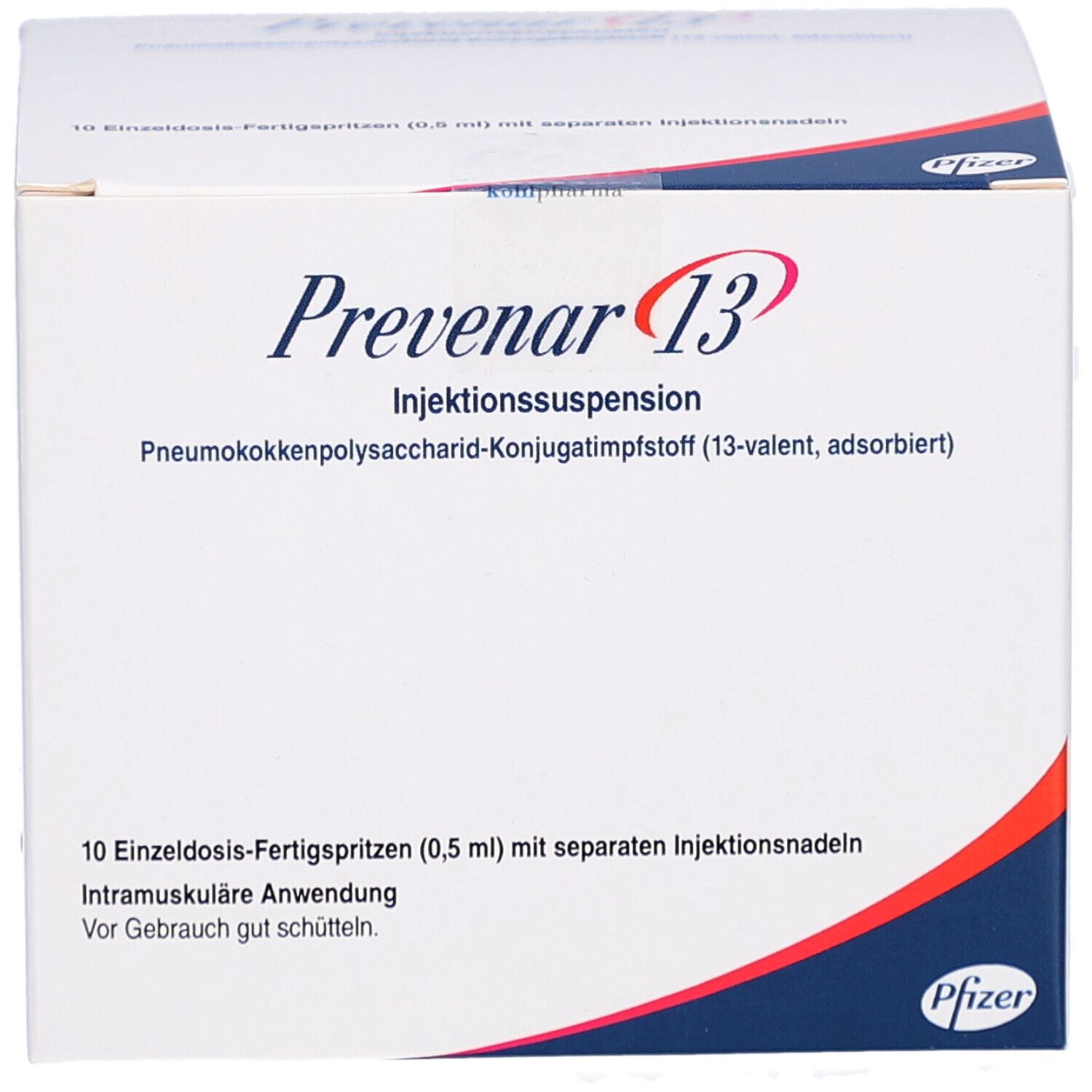 Weiße Faltschachtel mit Prevenar 13-Logo. Enthält 10 Fertigspritzen mit separaten Injektionsnadeln. Pfizer-Logo.