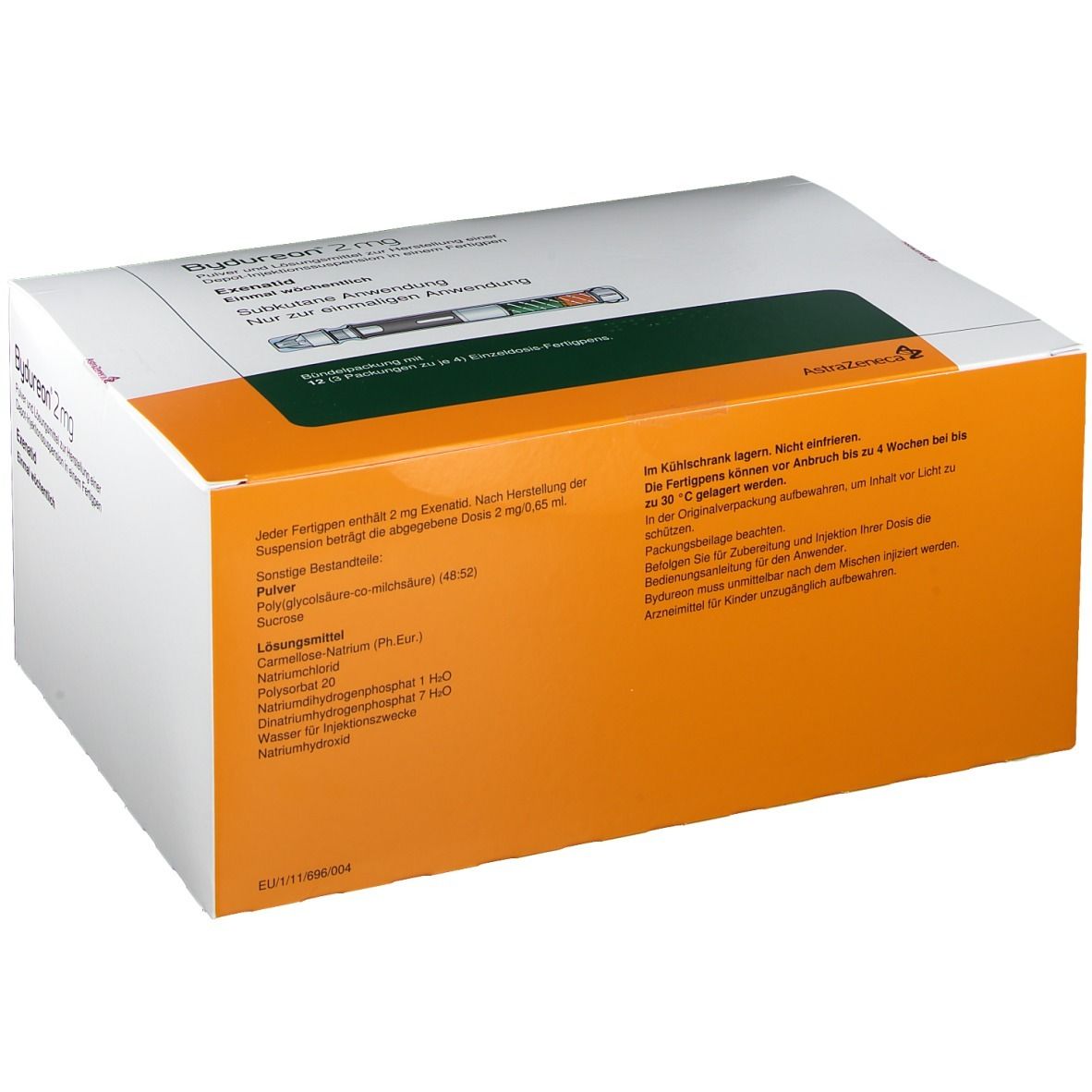 Bydureon® 2 mg-Verpackung. Weißer Karton mit orangefarbenem Akzent. Produktname und Informationen aufgedruckt.