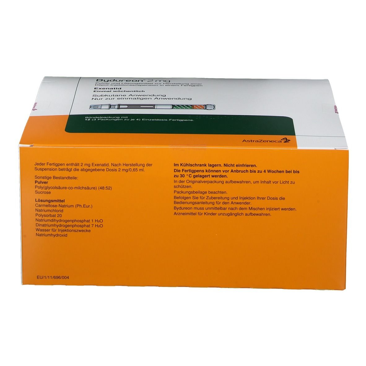 Bydureon® 2 mg-Verpackung. Weißer Karton mit orangefarbenem Akzent. Produktname und Informationen aufgedruckt.