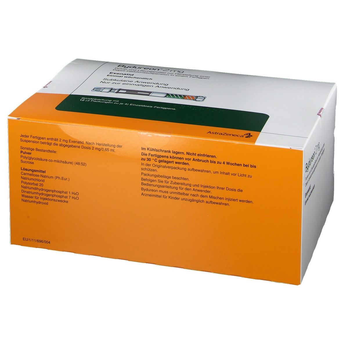 Bydureon® 2 mg-Verpackung. Weißer Karton mit orangefarbenem Akzent. Produktname und Informationen aufgedruckt.