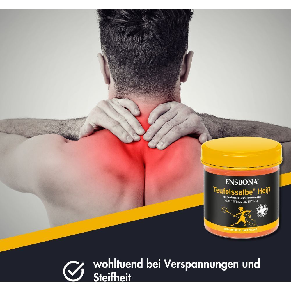 Mann mit Nackenschmerzen neben Ensbona Teufelssalbe Heiß Dose. Wohltuend bei Verspannungen.