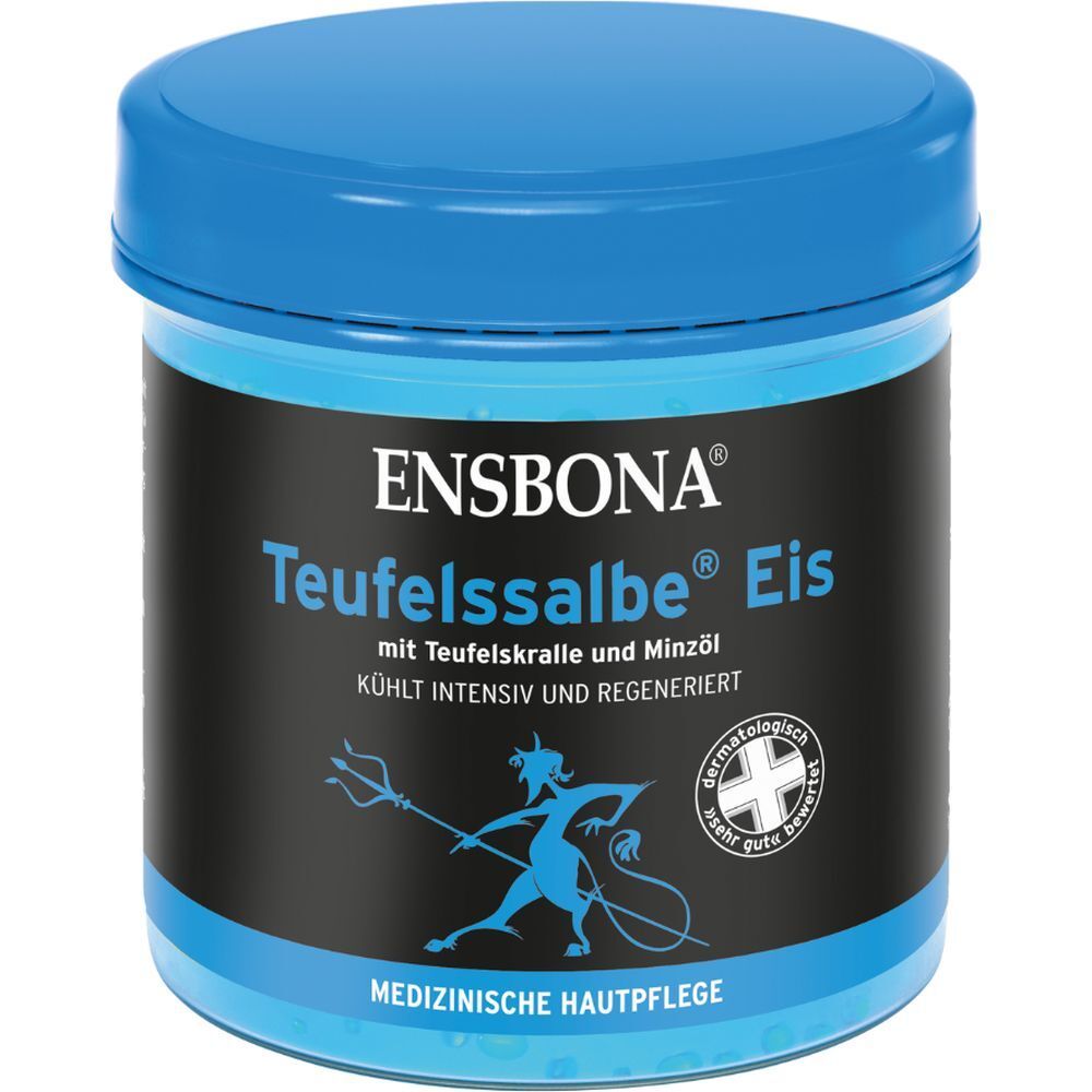 Blauer Tiegel mit ENSBONA Teufelssalbe Eis Etikett. Zeigt Teufel-Symbol und dermatologisch getestet Siegel.