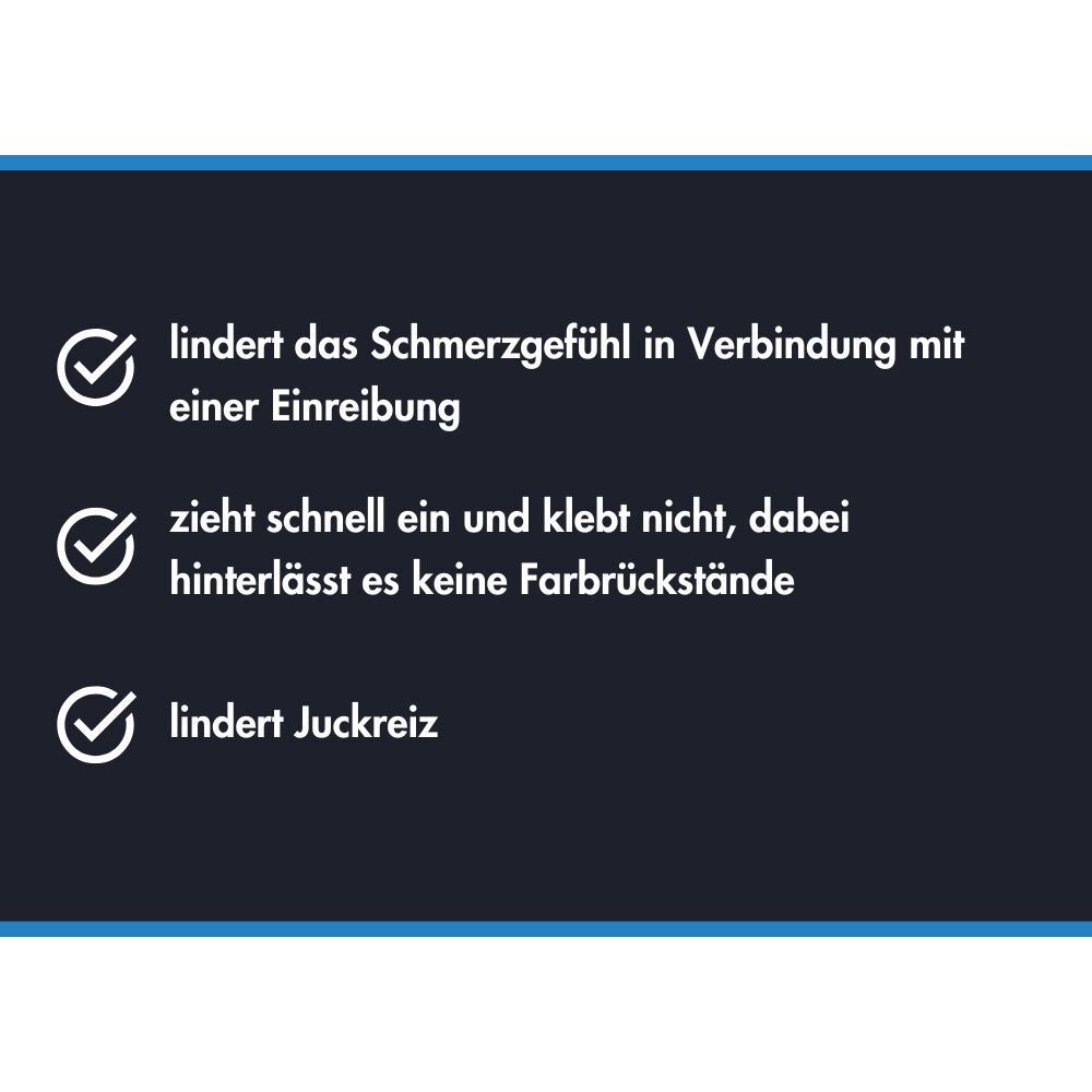 Drei Aufzählungspunkte mit Häkchen. Beschreiben Linderung von Schmerzen, schnelles Einziehen und Juckreiz.
