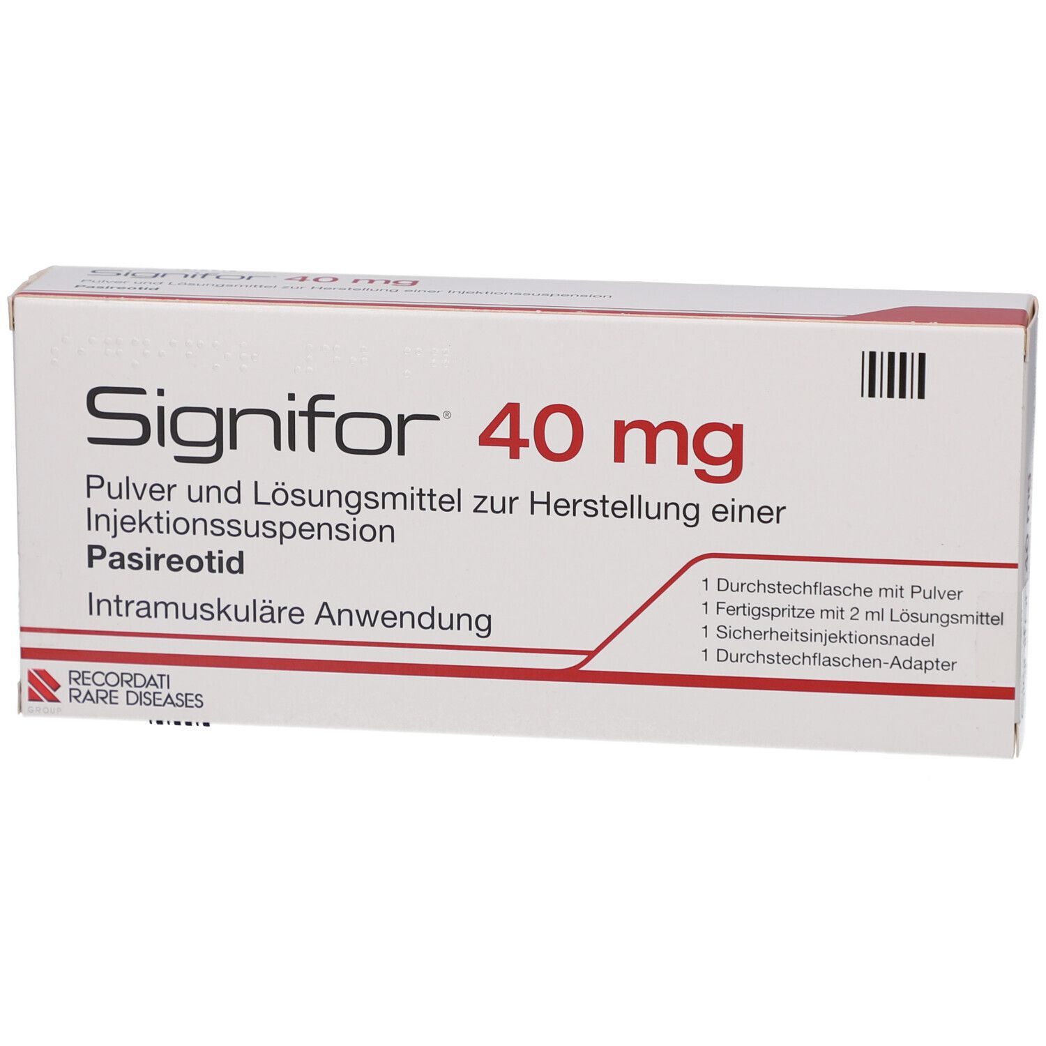 Schachtel mit SIGNIFOR 40 mg. Aufschrift: Pulver und Lösungsmittel zur Herstellung einer Injektionssuspension. Enthält Zubehör.