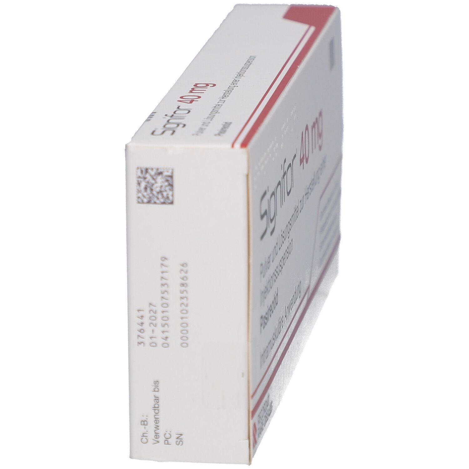 Seitenansicht der SIGNIFOR 40 mg Schachtel. Aufdruck mit Produktinformationen und Chargennummer.