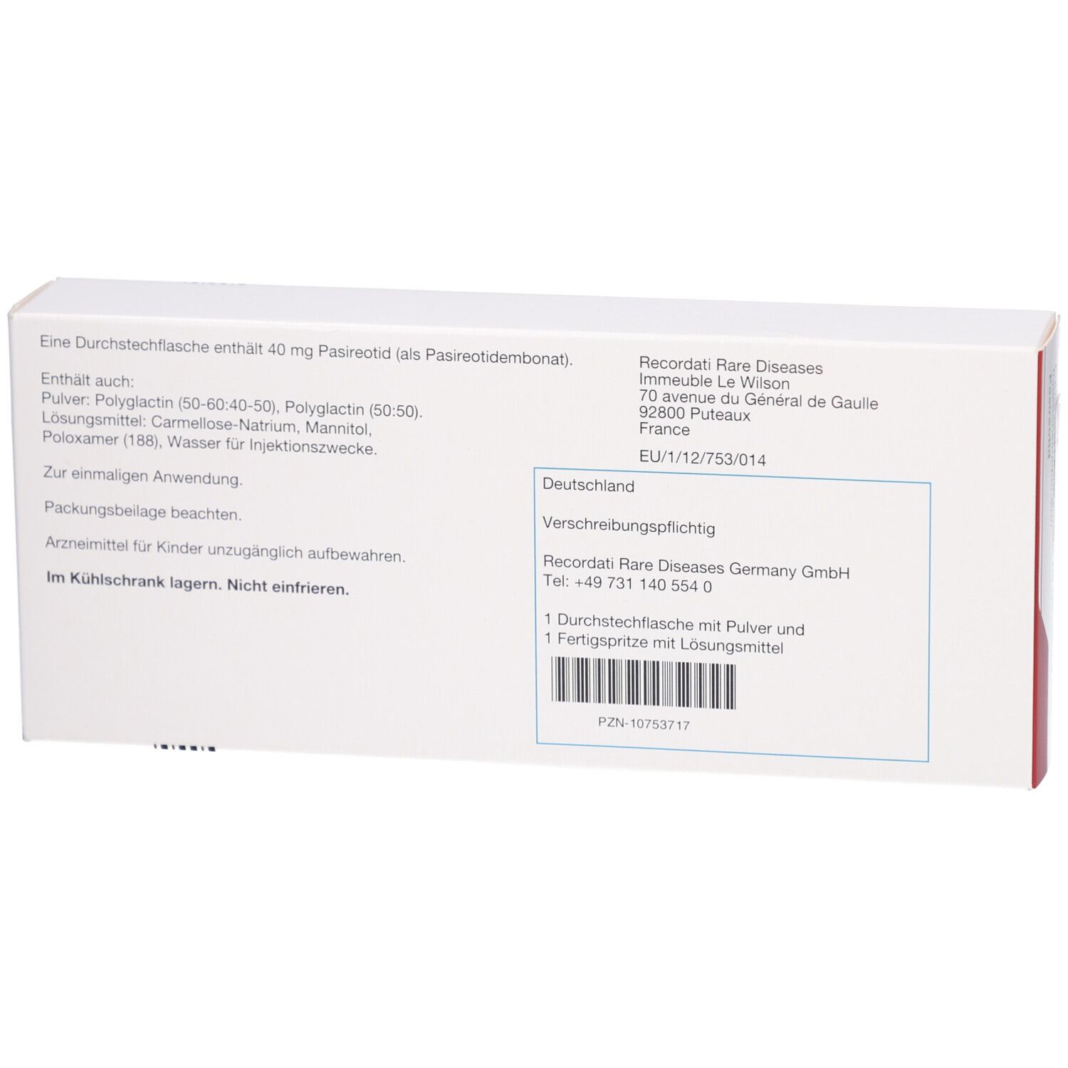 Rückseite der SIGNIFOR 40 mg Schachtel. Enthält Produktinformationen, Herstelleradresse und Chargennummer.