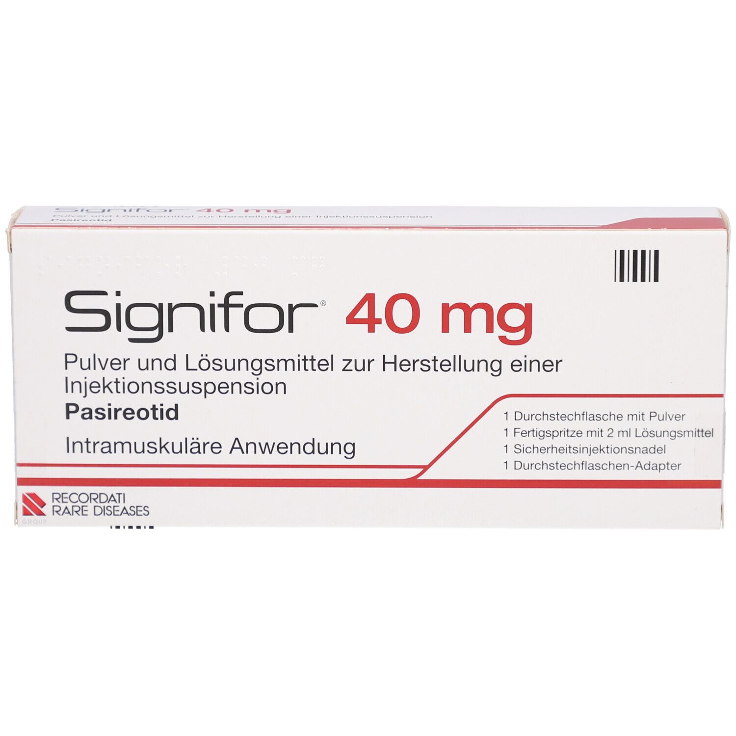 Schachtel mit SIGNIFOR 40 mg. Aufschrift: Pulver und Lösungsmittel zur Herstellung einer Injektionssuspension. Enthält Zubehör.