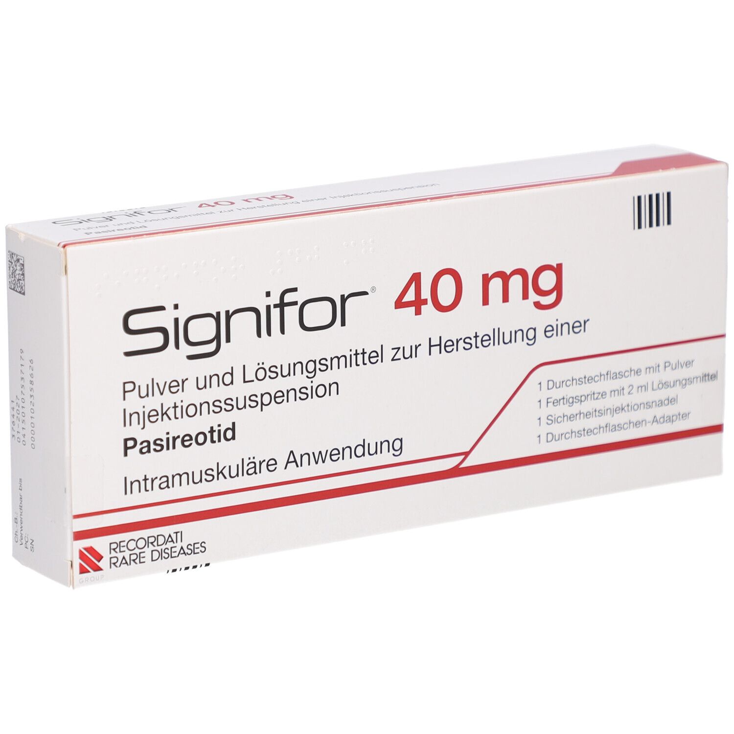 Schachtel mit SIGNIFOR 40 mg. Aufschrift: Pulver und Lösungsmittel zur Herstellung einer Injektionssuspension. Enthält Zubehör.