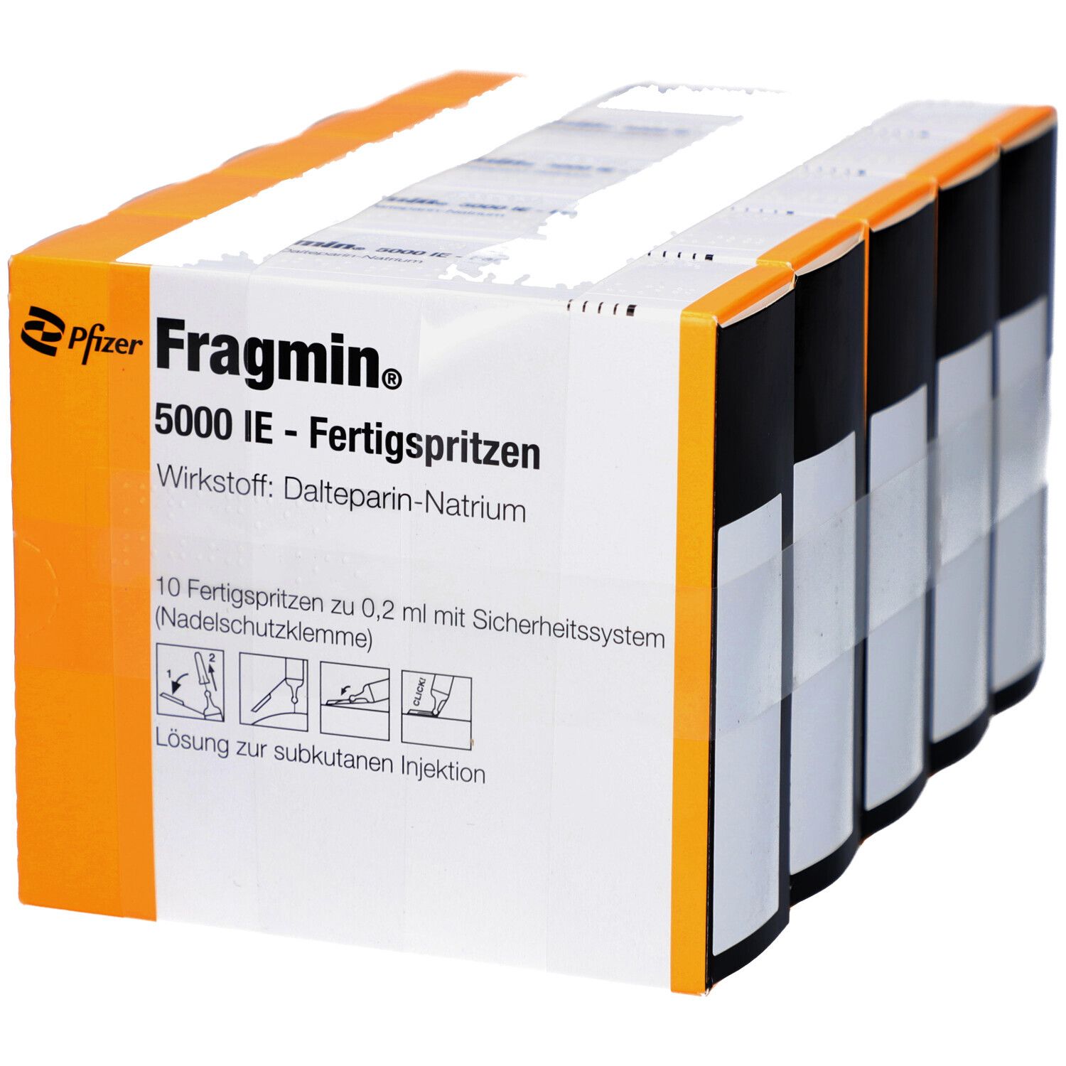 Packung mit Fertigspritzen. Aufschrift: Fragmin 5000 IE. Wirkstoff: Dalteparin-Natrium. 10 Fertigspritzen mit Sicherheitsystem.