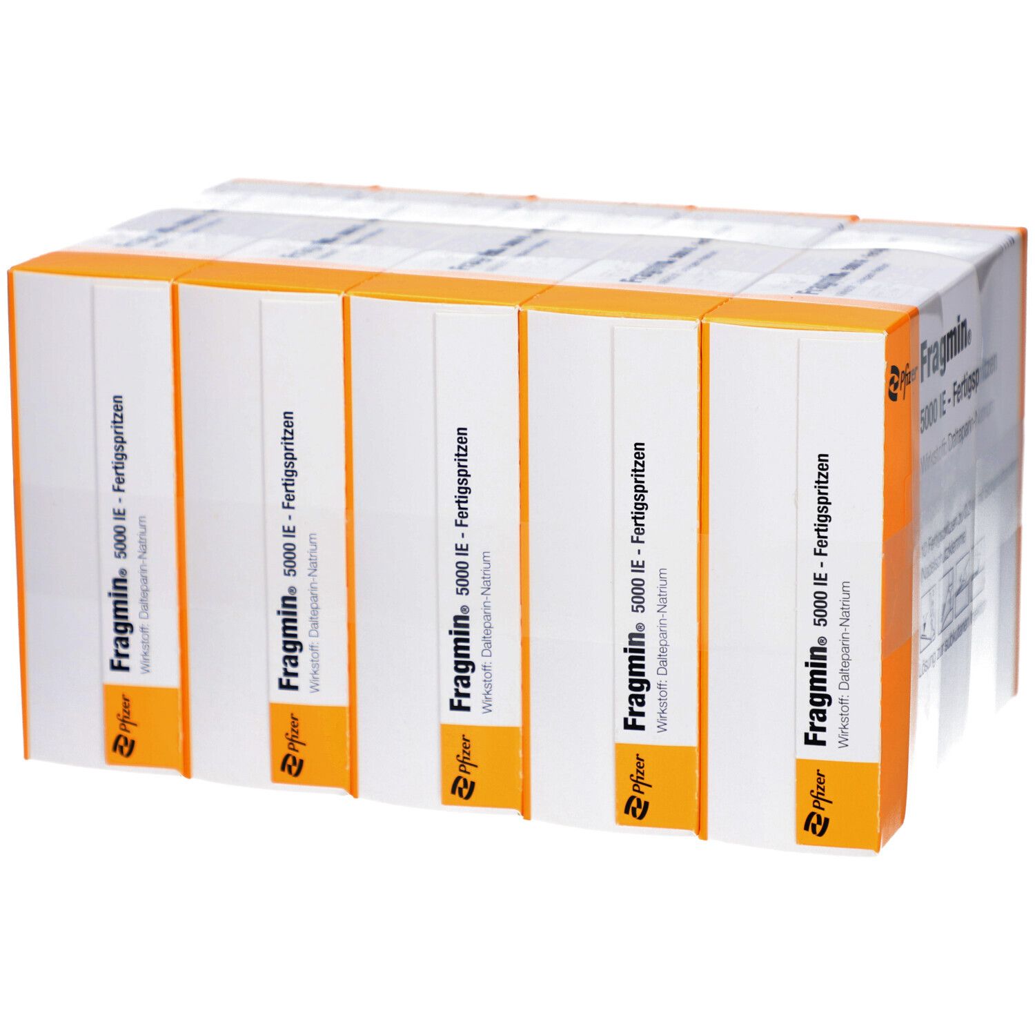 Mehrere Packungen Fragmin 5000 IE Fertigspritzen. Aufschrift: Wirkstoff: Dalteparin-Natrium. Verpackung in Weiß, Orange und Schwarz.