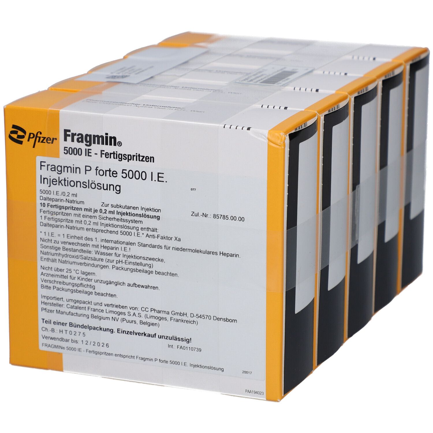 Packung Fragmin P Forte 5000 I.E. Fertigspritzen. Aufschrift: Injektionslösung. Wirkstoff: Dalteparin-Natrium. Mit weiteren Informationen.