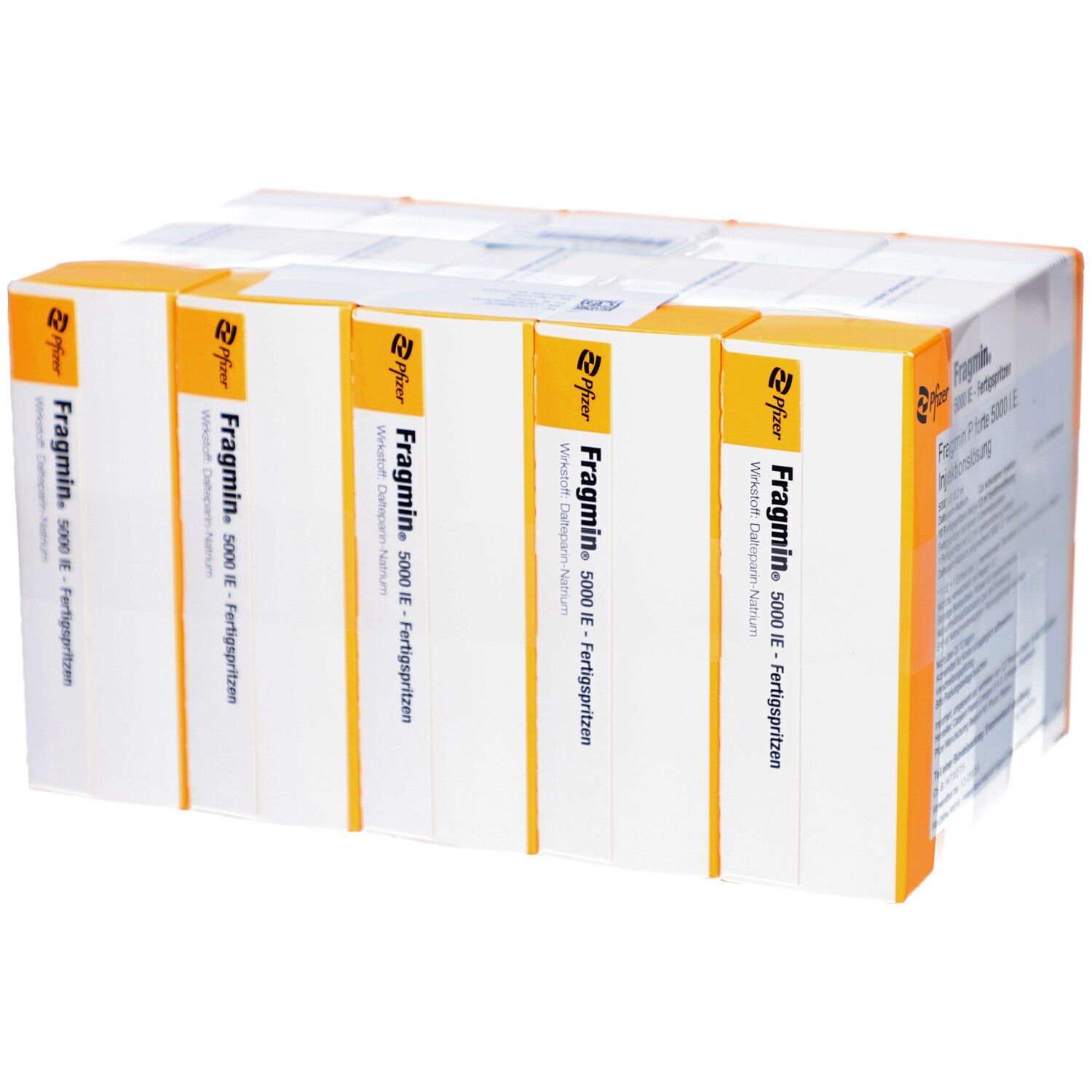 Mehrere Packungen Fragmin 5000 IE Fertigspritzen. Aufschrift: Wirkstoff: Dalteparin-Natrium. Verpackung in Weiß, Orange und Schwarz.