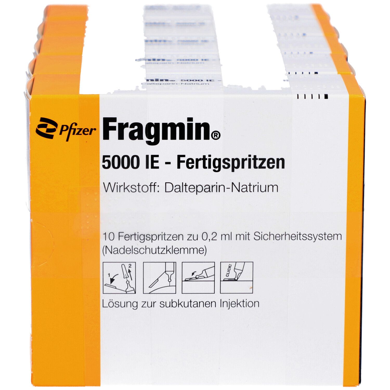 Packung mit Fertigspritzen. Aufschrift: Fragmin 5000 IE. Wirkstoff: Dalteparin-Natrium. 10 Fertigspritzen mit Sicherheitsystem.