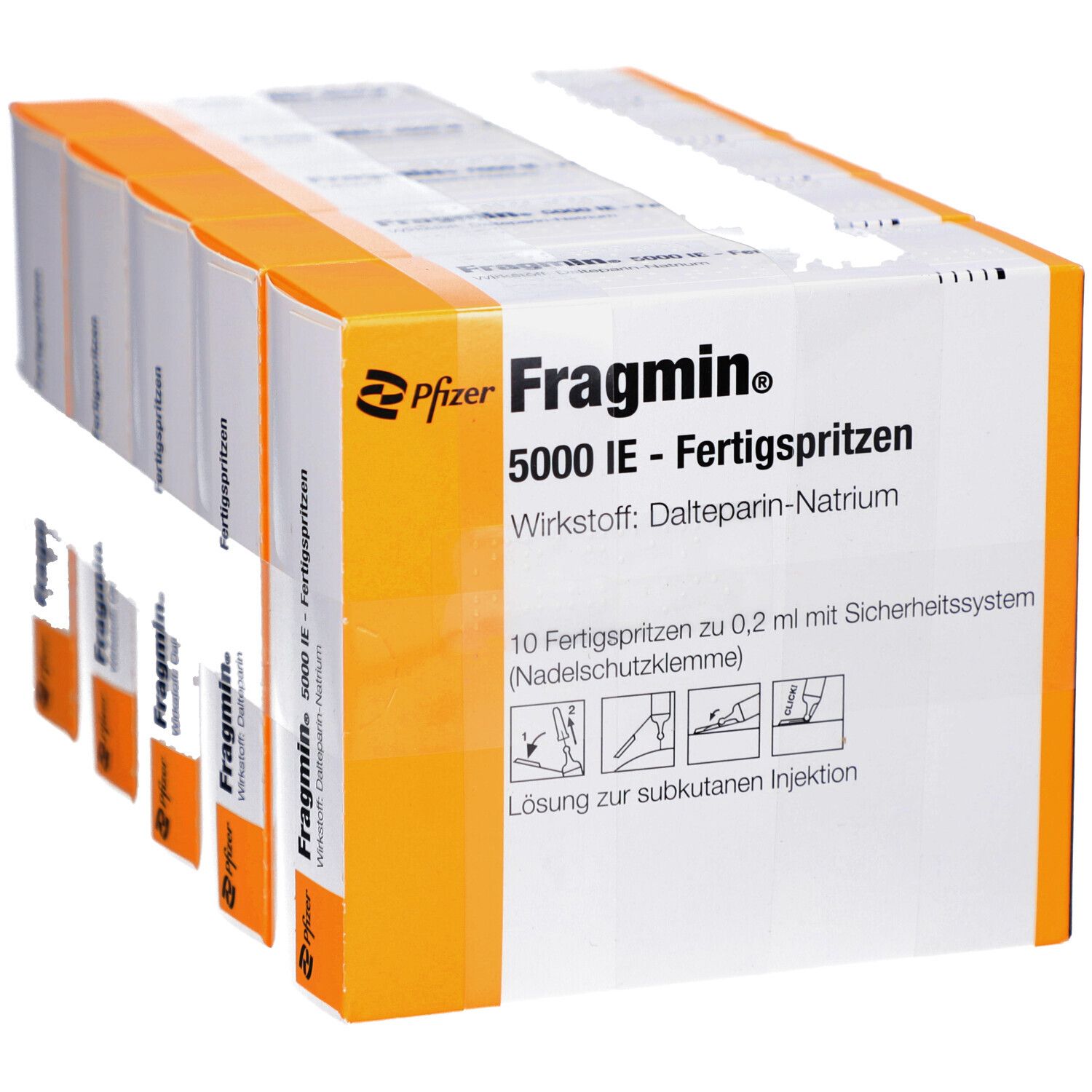 Packung mit Fertigspritzen. Aufschrift: Fragmin 5000 IE. Wirkstoff: Dalteparin-Natrium. 10 Fertigspritzen mit Sicherheitsystem.