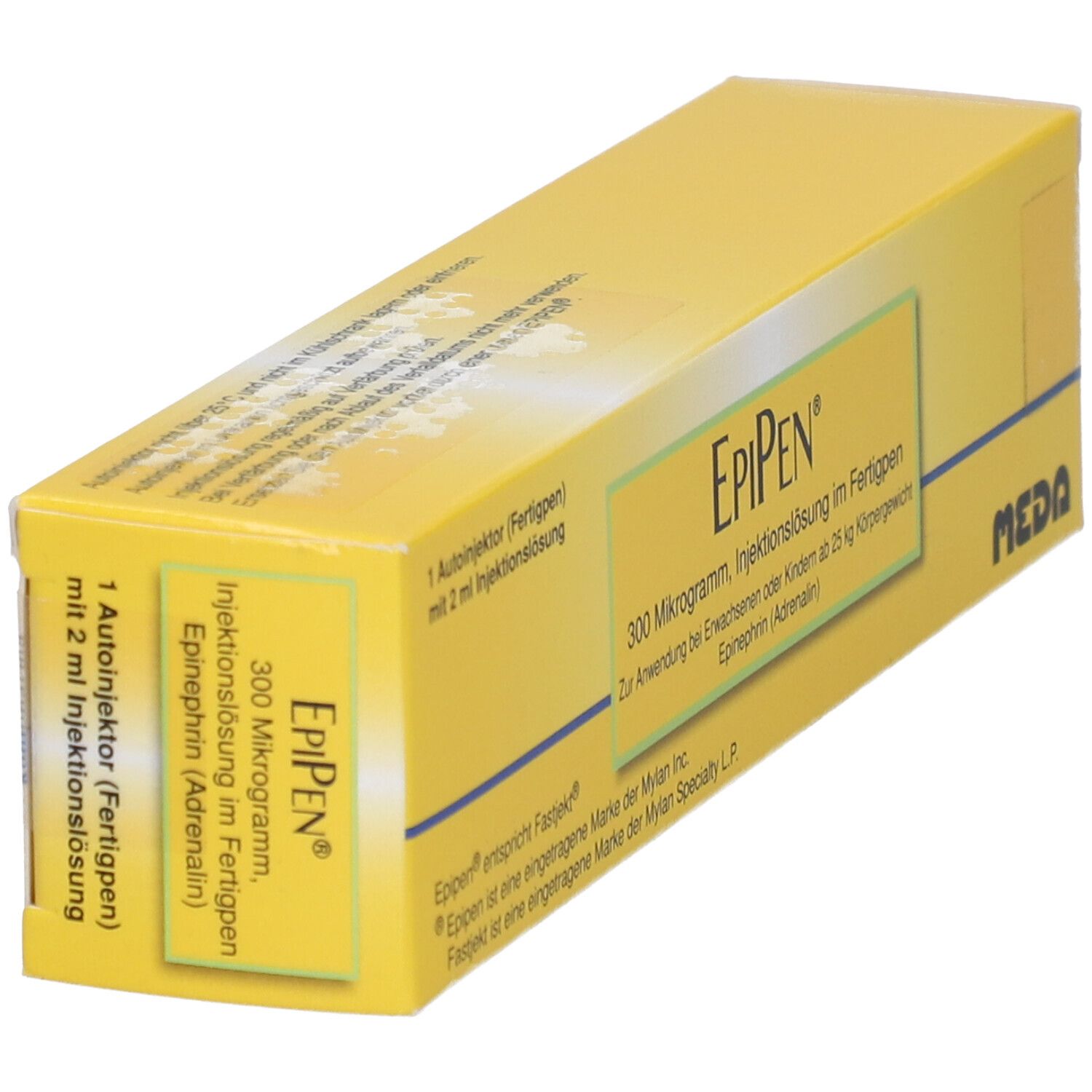 Gelbe Schachtel, schräg. EpiPen-Logo und Text. Enthält 300 Mikrogramm Injektionslösung. Meda-Logo.