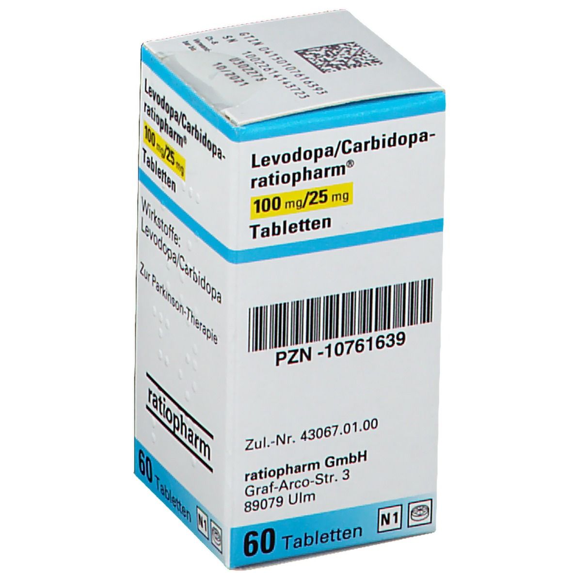 Arzneimittelpackung mit Tabletten. Aufschrift: Levodopa/Carbidopa-ratiopharm®, 100 mg/25 mg. 60 Tabletten. Marke: ratiopharm. PZN-10761639.