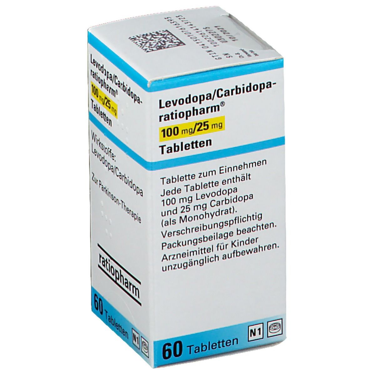 Arzneimittelpackung mit Tabletten. Aufschrift: Levodopa/Carbidopa-ratiopharm®, 100 mg/25 mg. 60 Tabletten. Marke: ratiopharm.