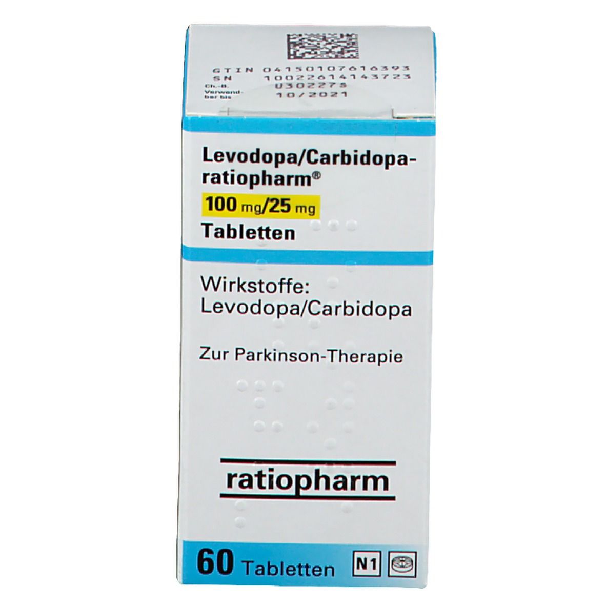Arzneimittelpackung mit Tabletten. Aufschrift: Levodopa/Carbidopa-ratiopharm®, 100 mg/25 mg. 60 Tabletten. Marke: ratiopharm.