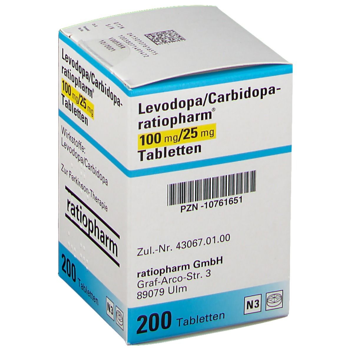 Karton mit Tabletten. Aufdruck: Levodopa/Carbidopa-ratiopharm 100 mg/25 mg Tabletten. 200 Tabletten. Wirkstoffe: Levodopa/Carbidopa.