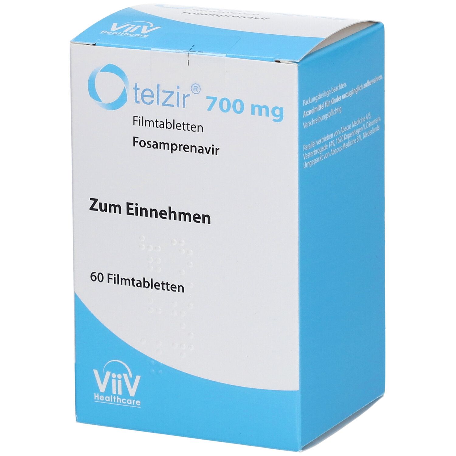 Schachtel mit TELZIR 700 mg Filmtabletten. Aufschrift: Zum Einnehmen, 60 Filmtabletten. ViiV Healthcare Logo.