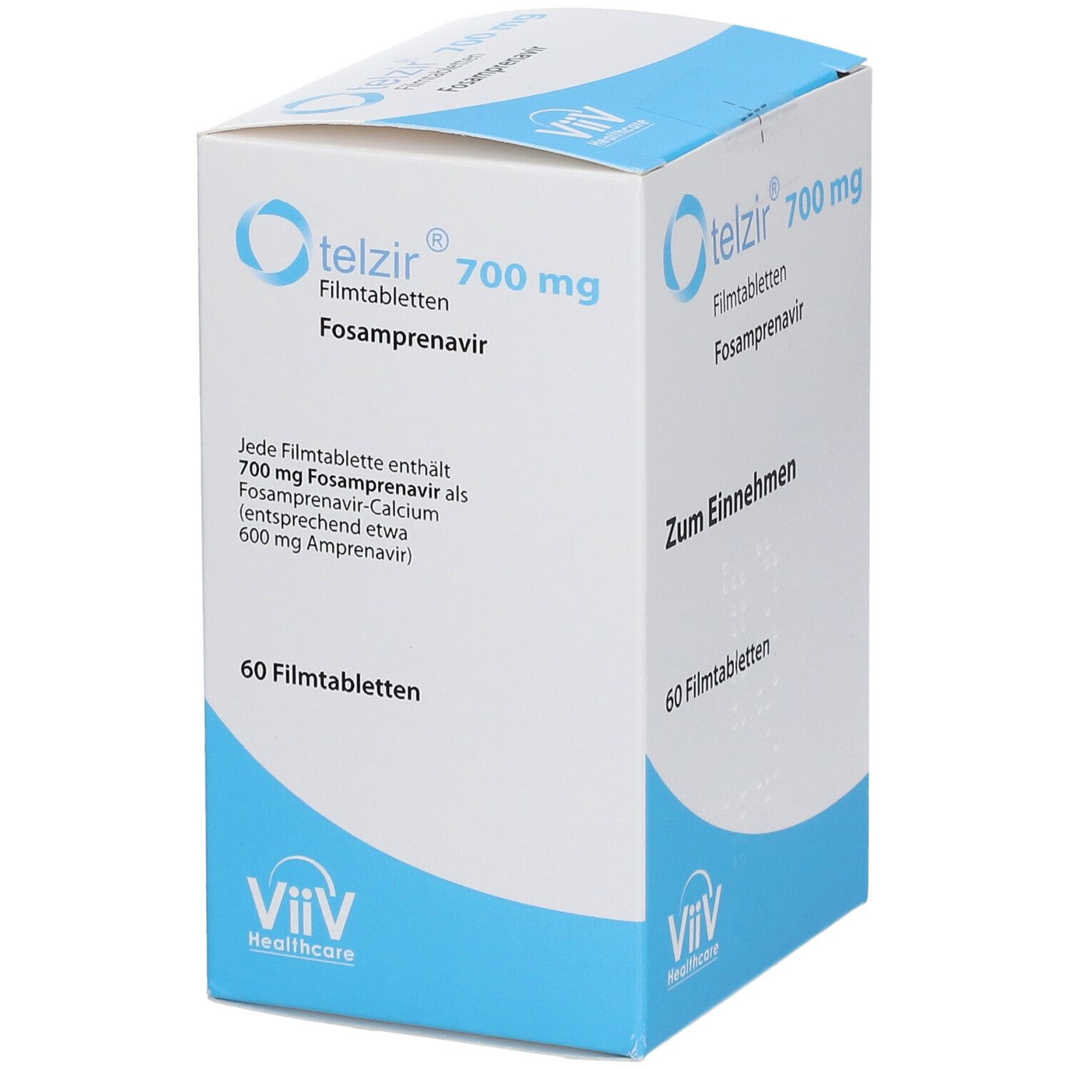 Schachtel mit TELZIR 700 mg Filmtabletten. Enthält 60 Tabletten. ViiV Healthcare Logo. Text: Zum Einnehmen. Inhaltsangabe.
