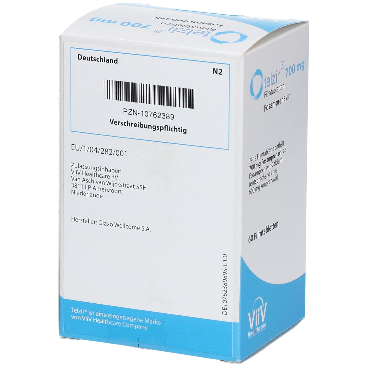 Schachtel mit TELZIR 700 mg Filmtabletten. Aufdruck: Deutschland, PZN-10762389, Verschreibungspflichtig. ViiV Healthcare Logo.