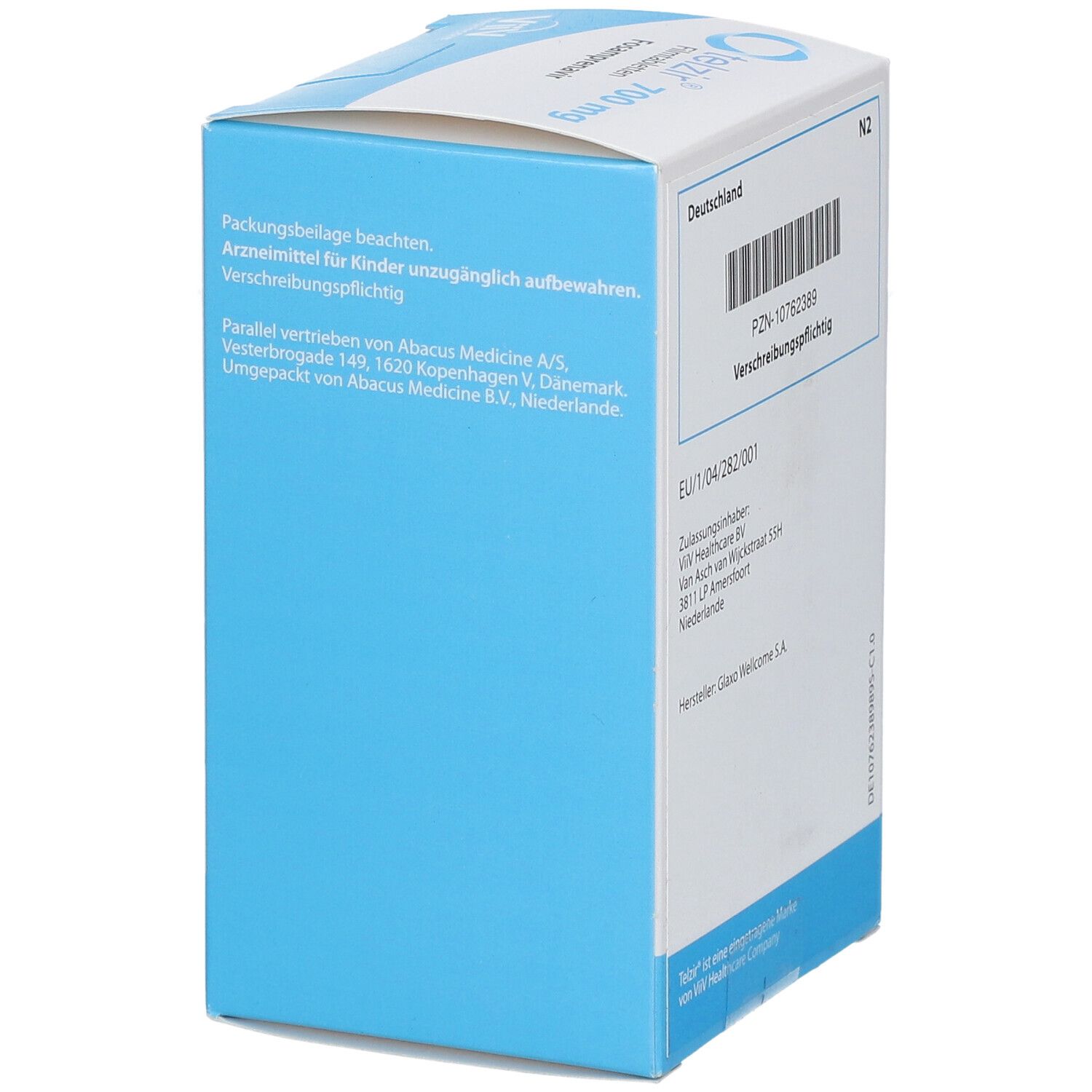 Hellblaue Schachtel mit Text. Rückseite mit Text und Barcode. Herstellerinformationen. Verschreibungspflichtig.