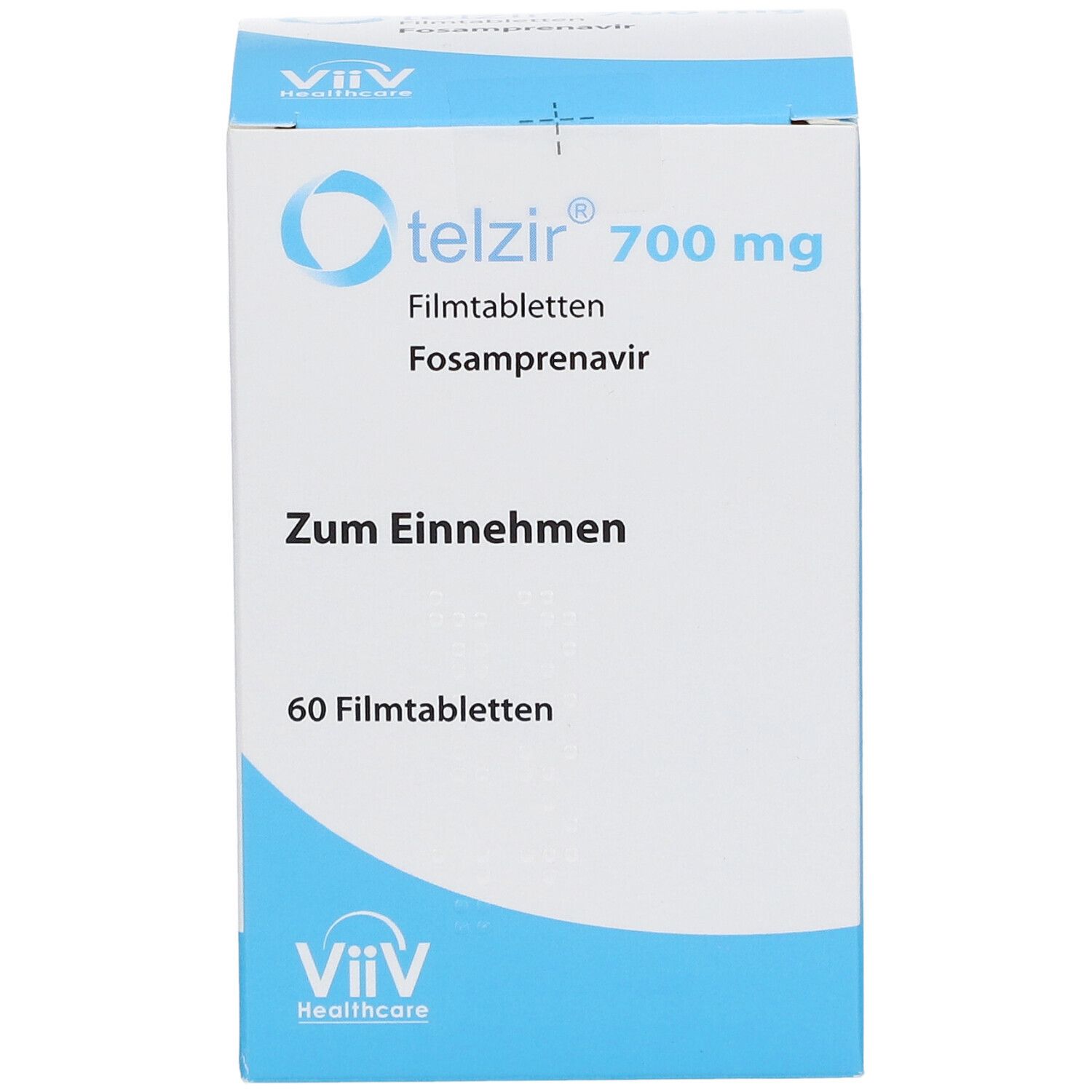 Schachtel mit TELZIR 700 mg Filmtabletten. Aufschrift: Zum Einnehmen, 60 Filmtabletten. ViiV Healthcare Logo.