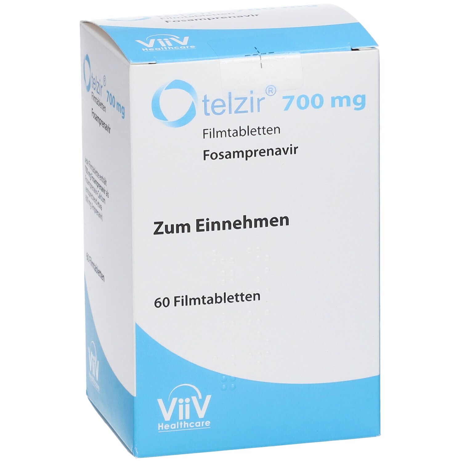Schachtel mit TELZIR 700 mg Filmtabletten. Aufschrift: Zum Einnehmen, 60 Filmtabletten. ViiV Healthcare Logo.