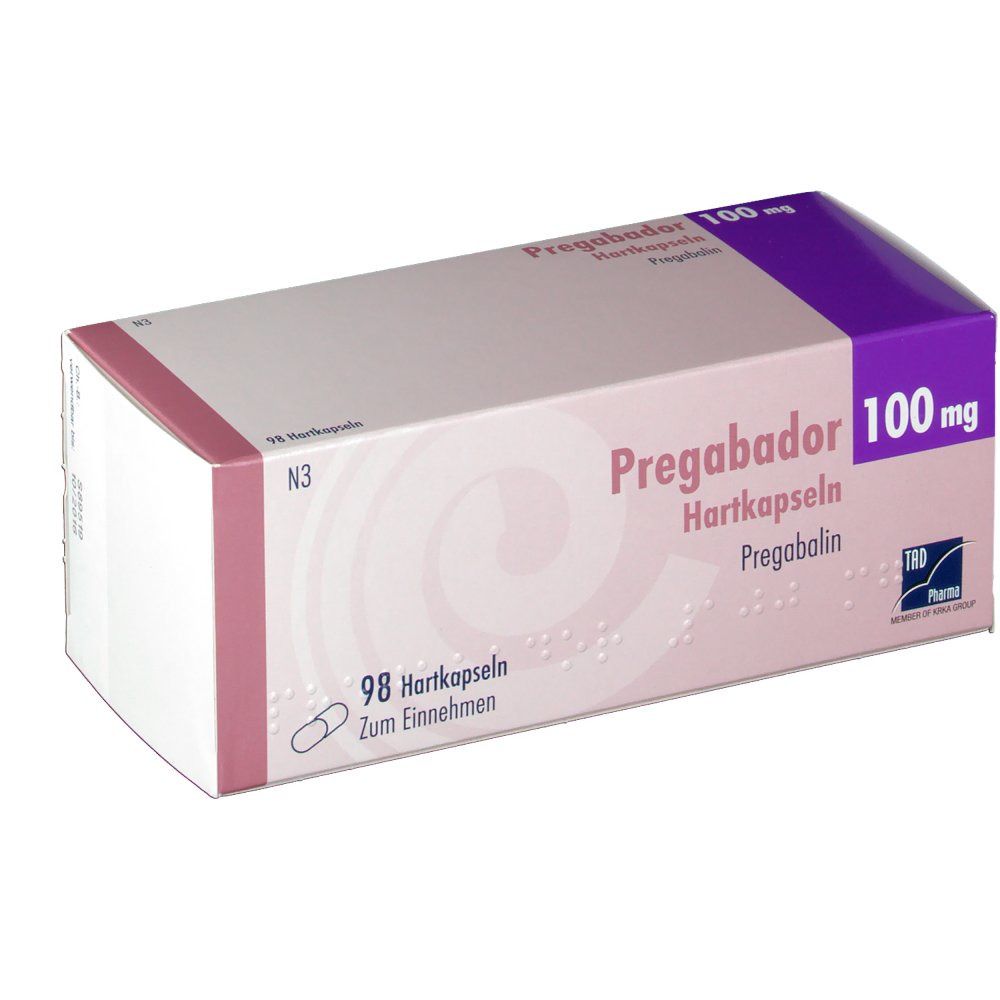 Schachtel mit PREGABADOR 100mg Hartkapseln. Rosa-weißes Design mit lila Akzenten. Beschriftung: PREGABADOR, 100 mg, 98 Hartkapseln.