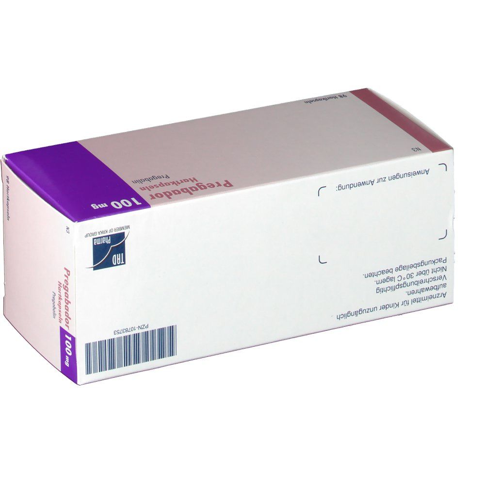 Verpackung von PREGABADOR 100mg. Weiß mit lila Akzenten. Beschriftung: PREGABADOR, 100 mg. Barcode und Text auf der Seite.
