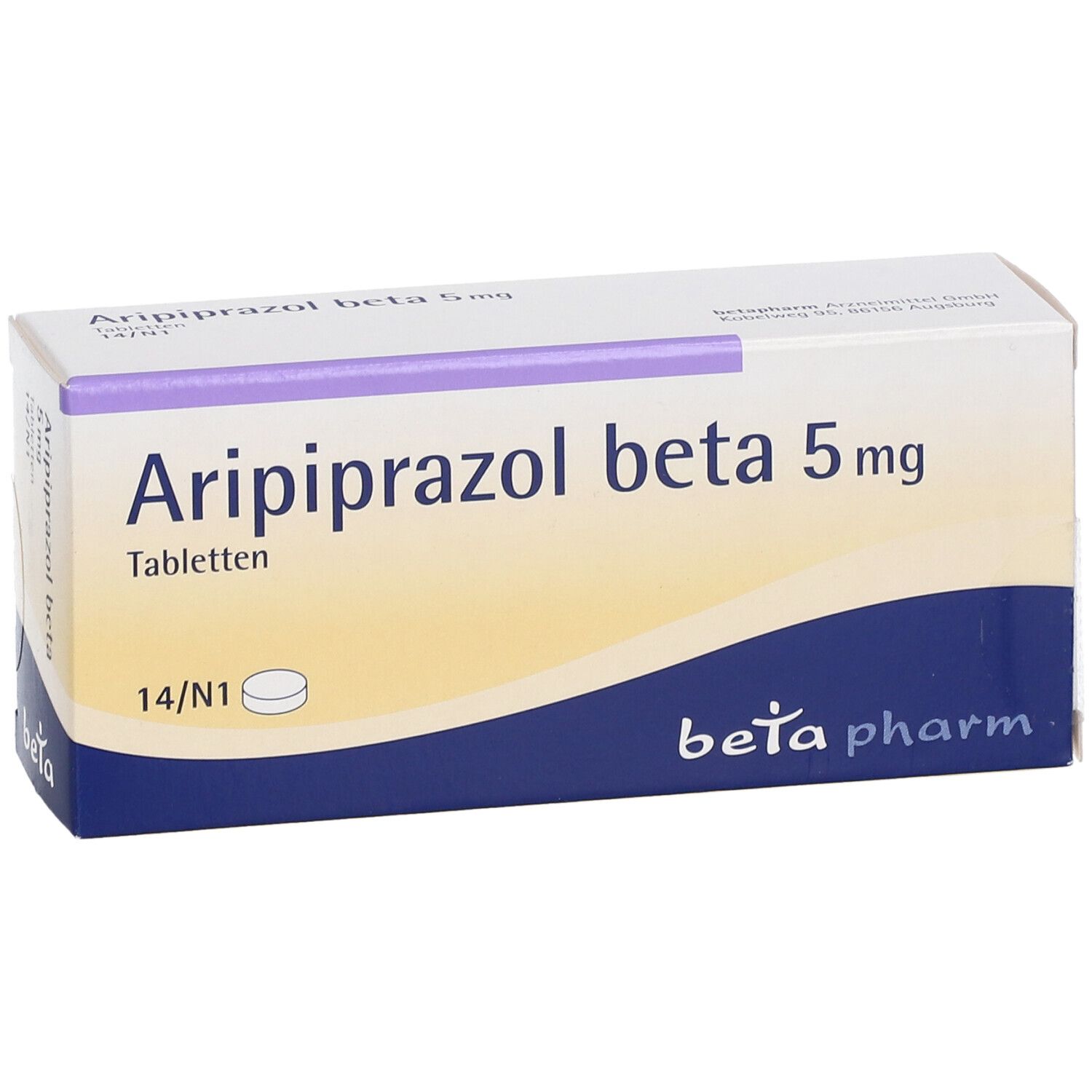 Packung Aripiprazol beta 5mg Tabletten, 14 Stück.