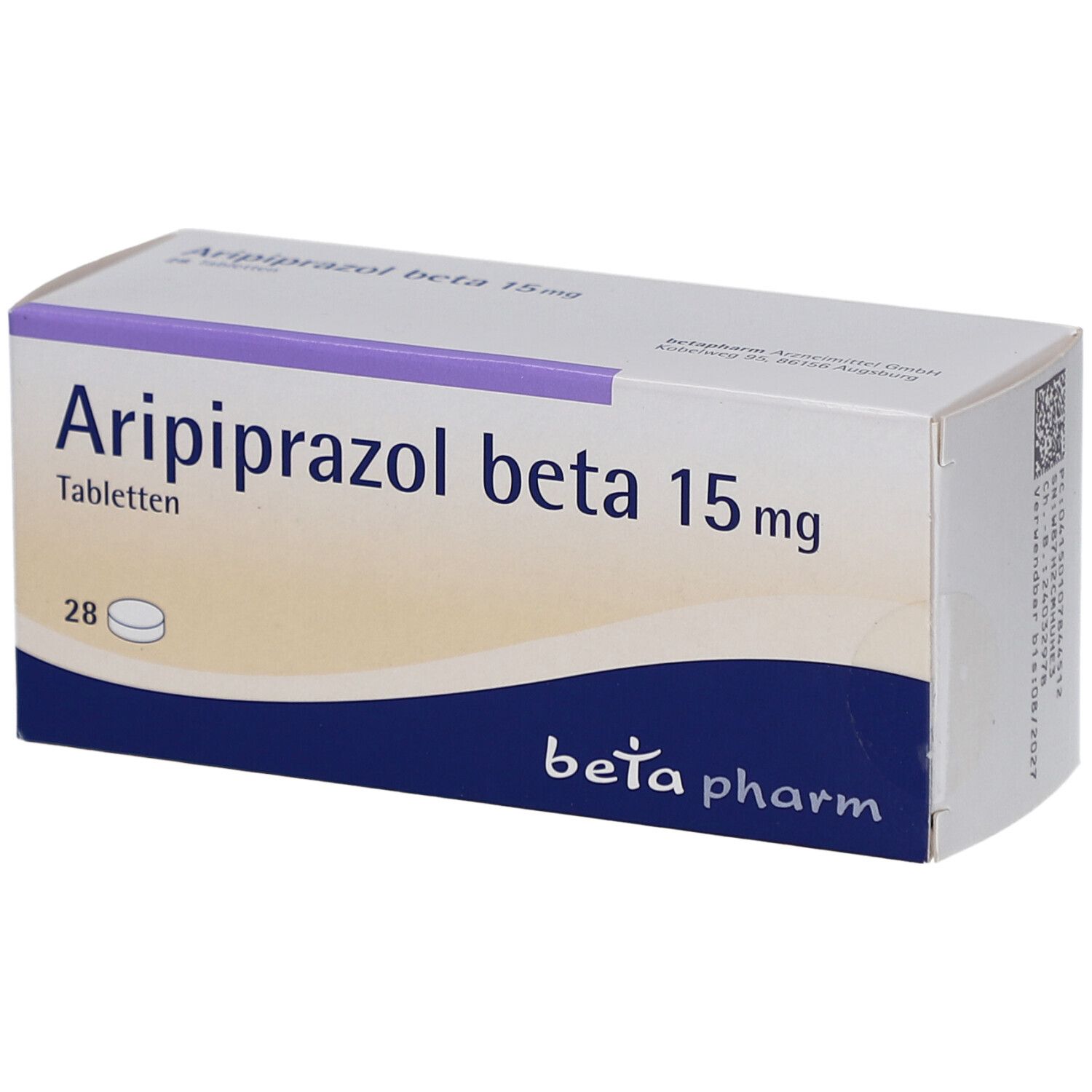 Schachtel mit "Aripiprazol beta 15 mg" Tabletten. 28 Tabletten. "beta pharm" Logo.