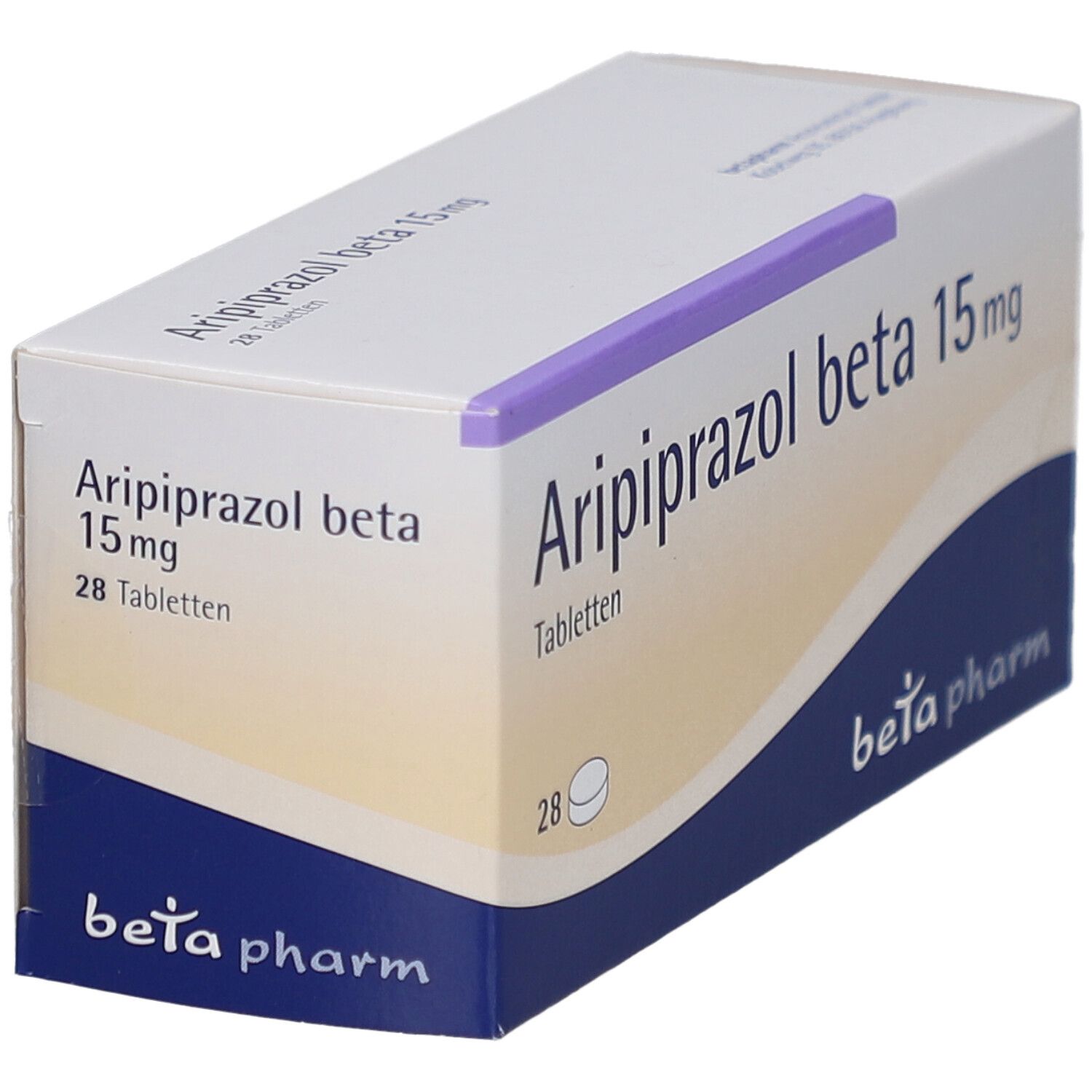 Schachtel "Aripiprazol beta 15 mg" Tabletten. 28 Tabletten. "beta pharm" Logo. Blaue und gelbe Farbgebung.