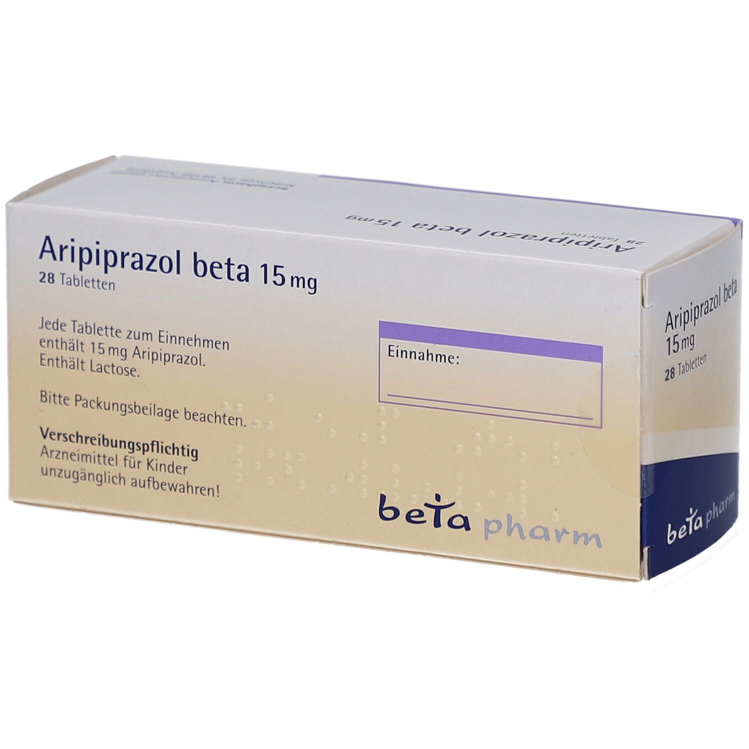 Schachtel "Aripiprazol beta 15 mg" Tabletten. 28 Tabletten. Textinformationen. "beta pharm" Logo.