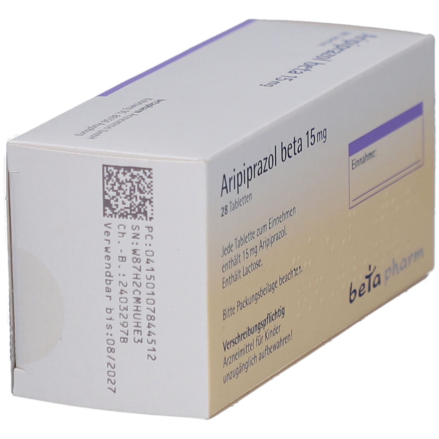 Schachtel "Aripiprazol beta 15 mg" Tabletten. 28 Tabletten. Rückseite mit Text und Barcode. "beta pharm".