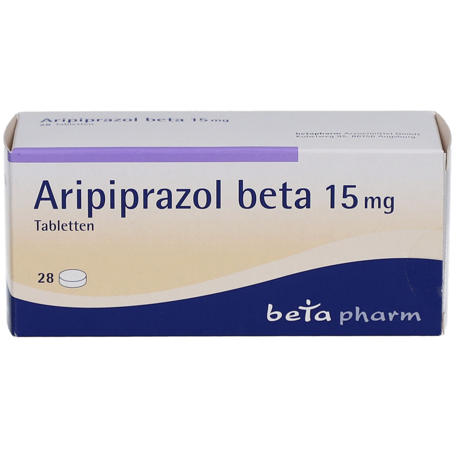 Schachtel "Aripiprazol beta 15 mg" Tabletten. 28 Tabletten. "beta pharm" Logo. Blaue und weiße Farbgebung.