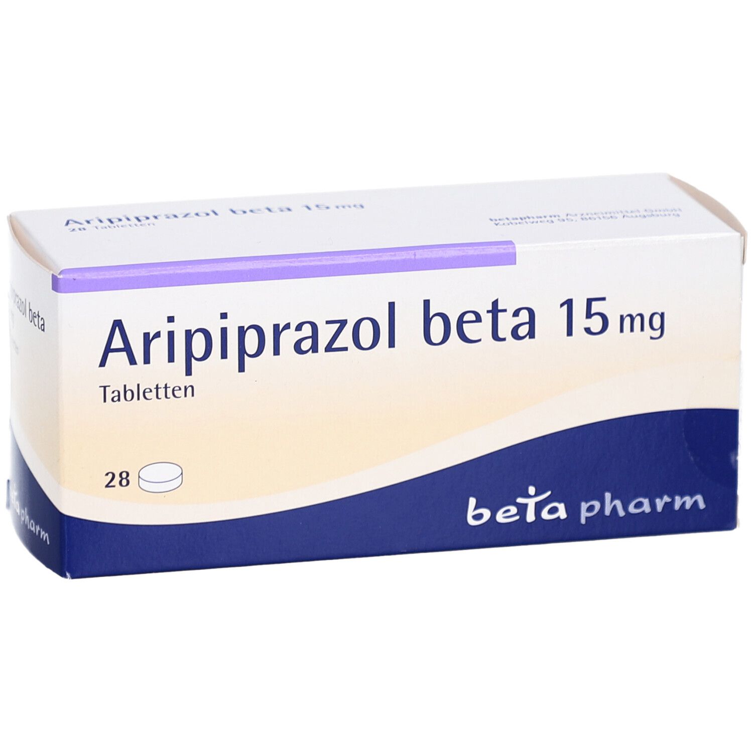 Schachtel "Aripiprazol beta 15 mg" Tabletten. 28 Tabletten. "beta pharm" Logo. Ansicht von oben.