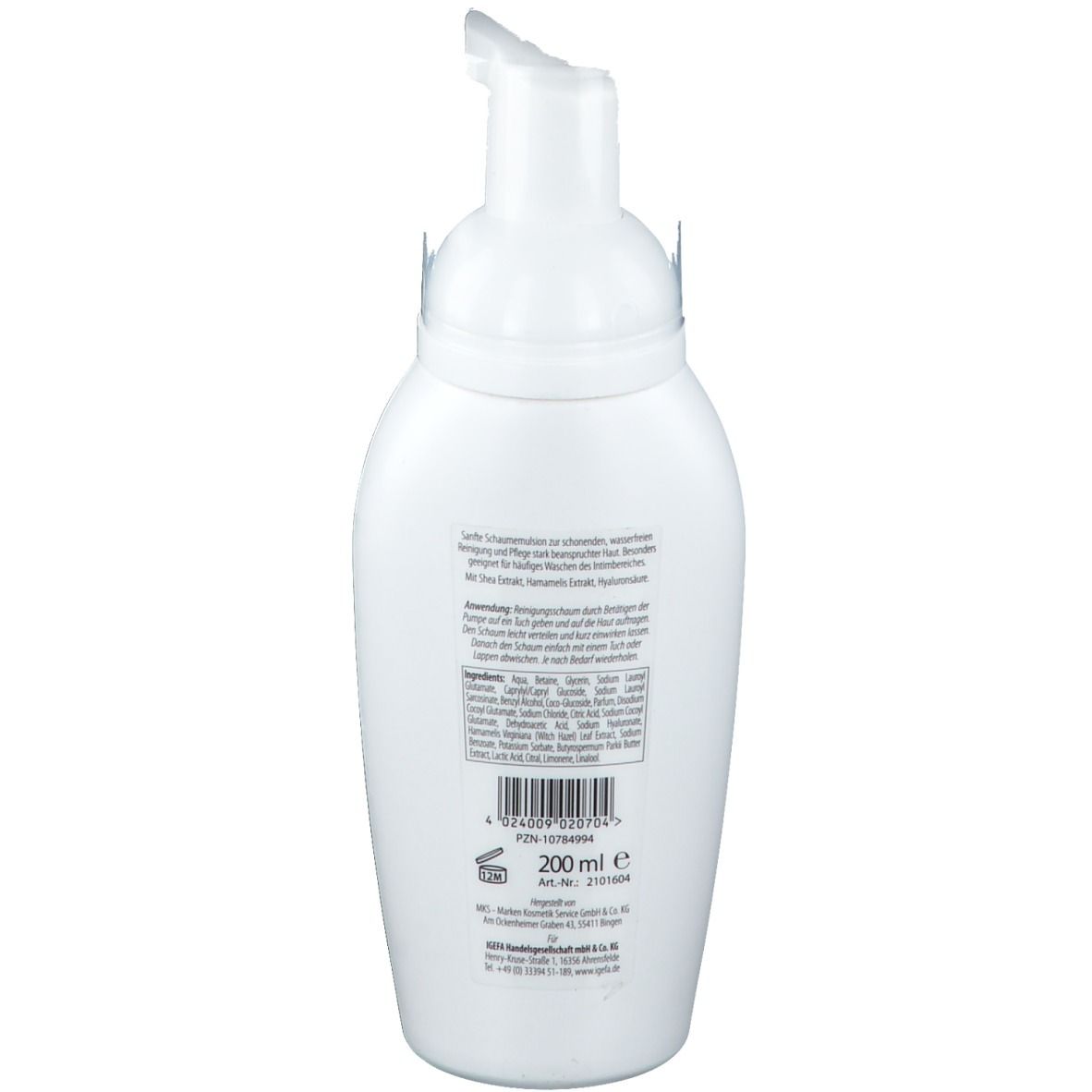 Rückseite der weißen Flasche mit Pumpaufsatz. Text: Inhaltsstoffe, Anwendung. Barcode und Volumenangabe: 200 ml.