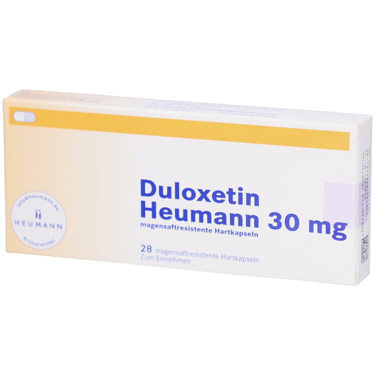 Schachtel mit "Duloxetin Heumann 30 mg". 28 magensaftresistente Hartkapseln. Gelb-weiße Verpackung.
