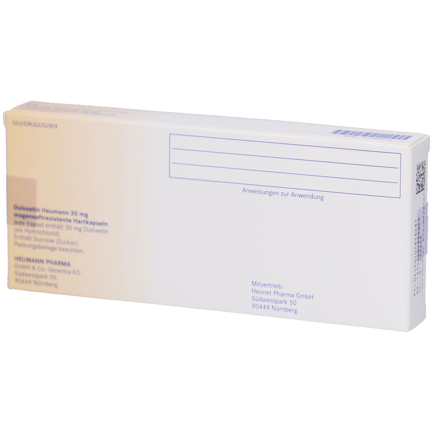 Rückseite der Schachtel "Duloxetin Heumann 30 mg". Informationen und Herstellerangaben. Weiße Verpackung.