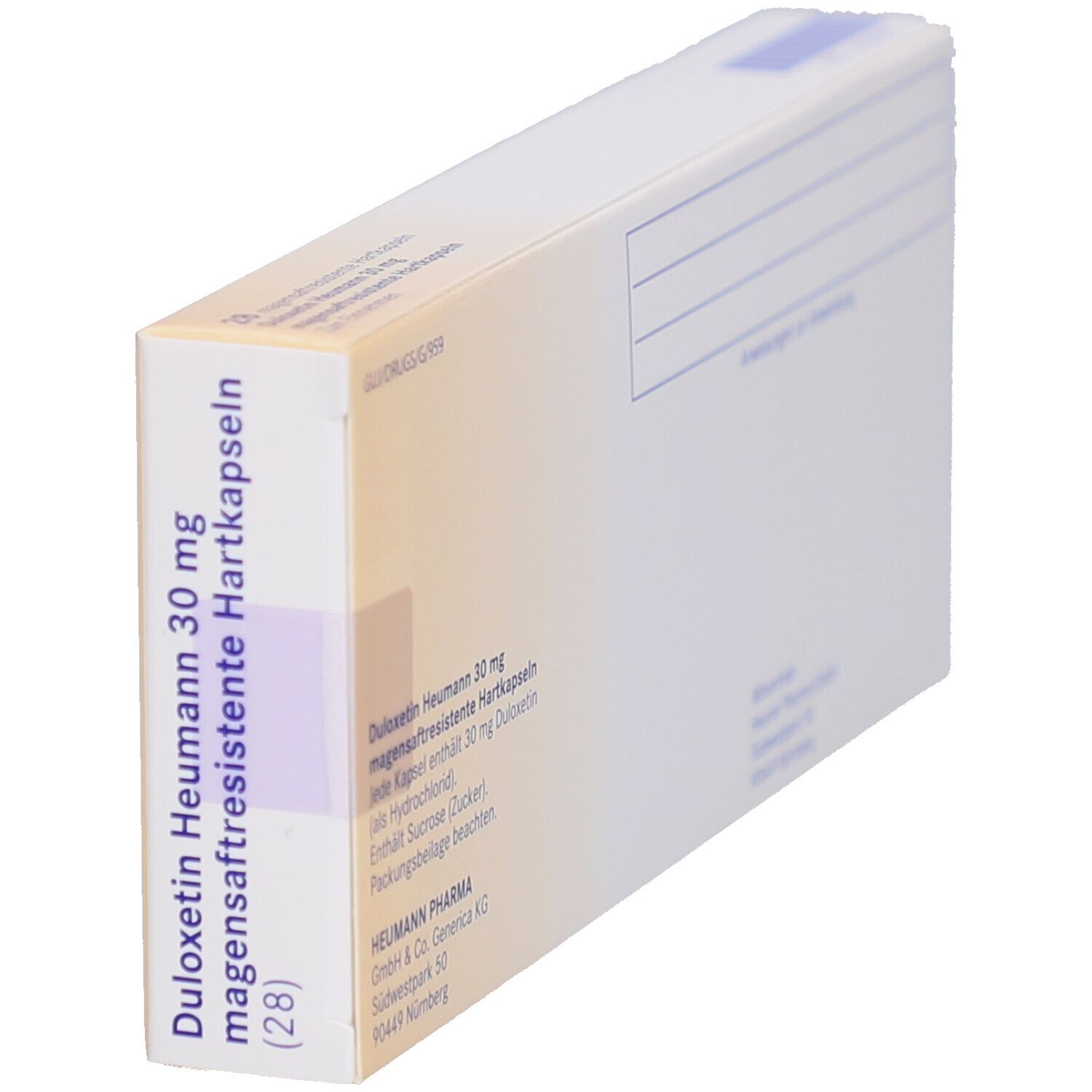 Schachtel "Duloxetin Heumann 30 mg". 28 magensaftresistente Hartkapseln. Seitenansicht. Weiße Verpackung.