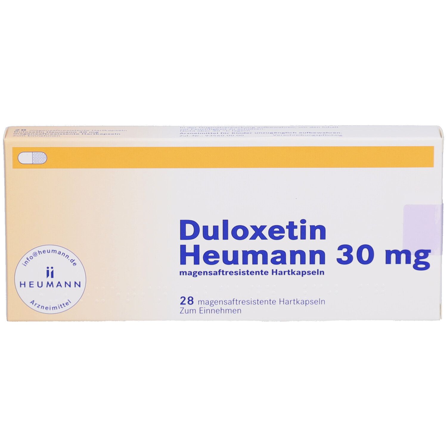 Schachtel "Duloxetin Heumann 30 mg". 28 magensaftresistente Hartkapseln. Gelb-weiße Verpackung.