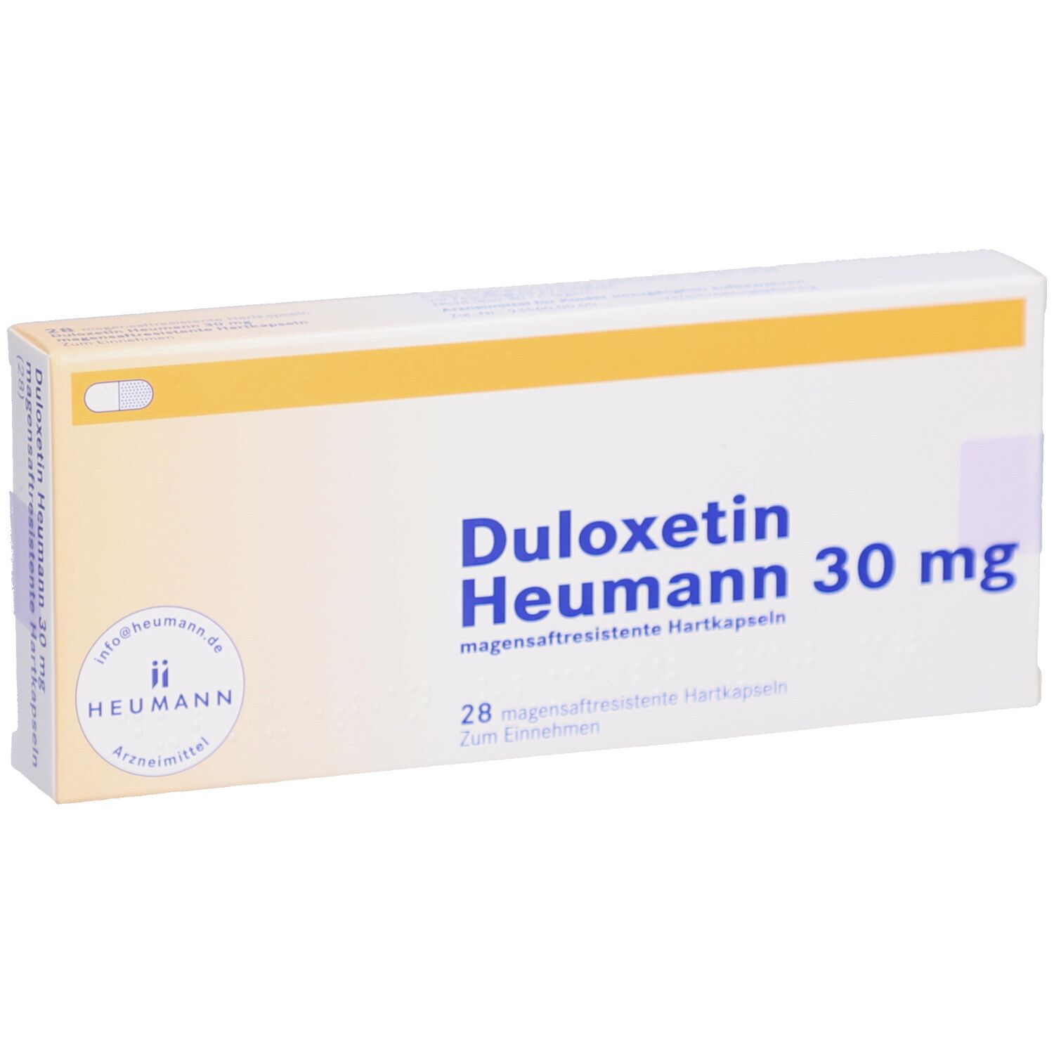 Schachtel "Duloxetin Heumann 30 mg". 28 magensaftresistente Hartkapseln. Gelb-weiße Verpackung.
